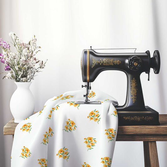 Printed Fabric with Handpainted Yellow-Orange Watercolor Floral Pattern, FACS-1315, on an antique sewing machine sitting on a desk with vase of beautiful flowers.