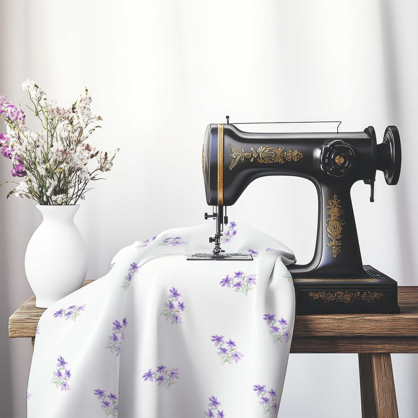 Printed Fabric with Handpainted Purple Watercolor Floral Pattern, FACS-1325, on an antique sewing machine sitting on a desk with vase of beautiful flowers.