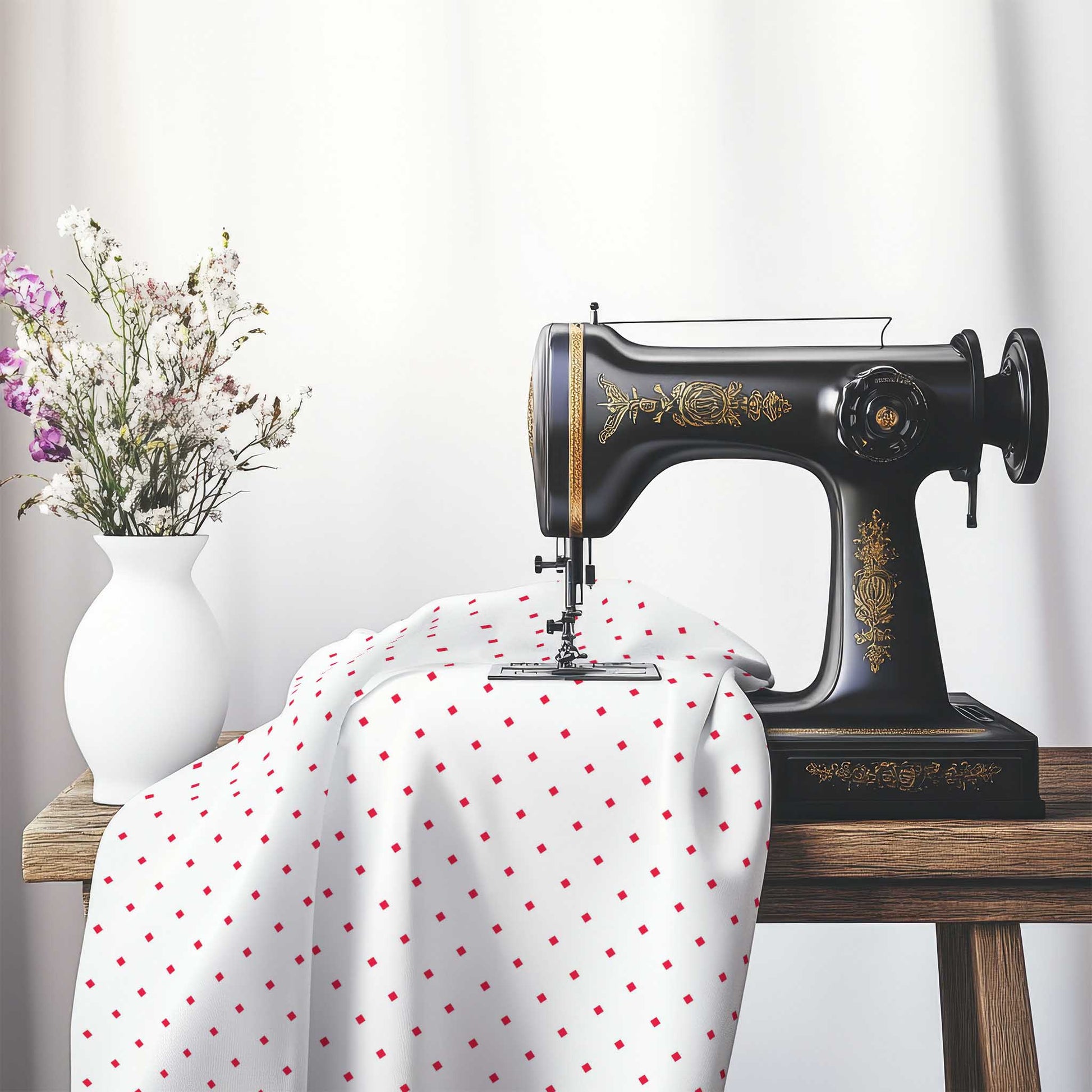 White Cotton Sateen Fabric with Red Diamonds, FACS-1330-101, on an antique sewing machine sitting on a desk with vase of beautiful flowers.