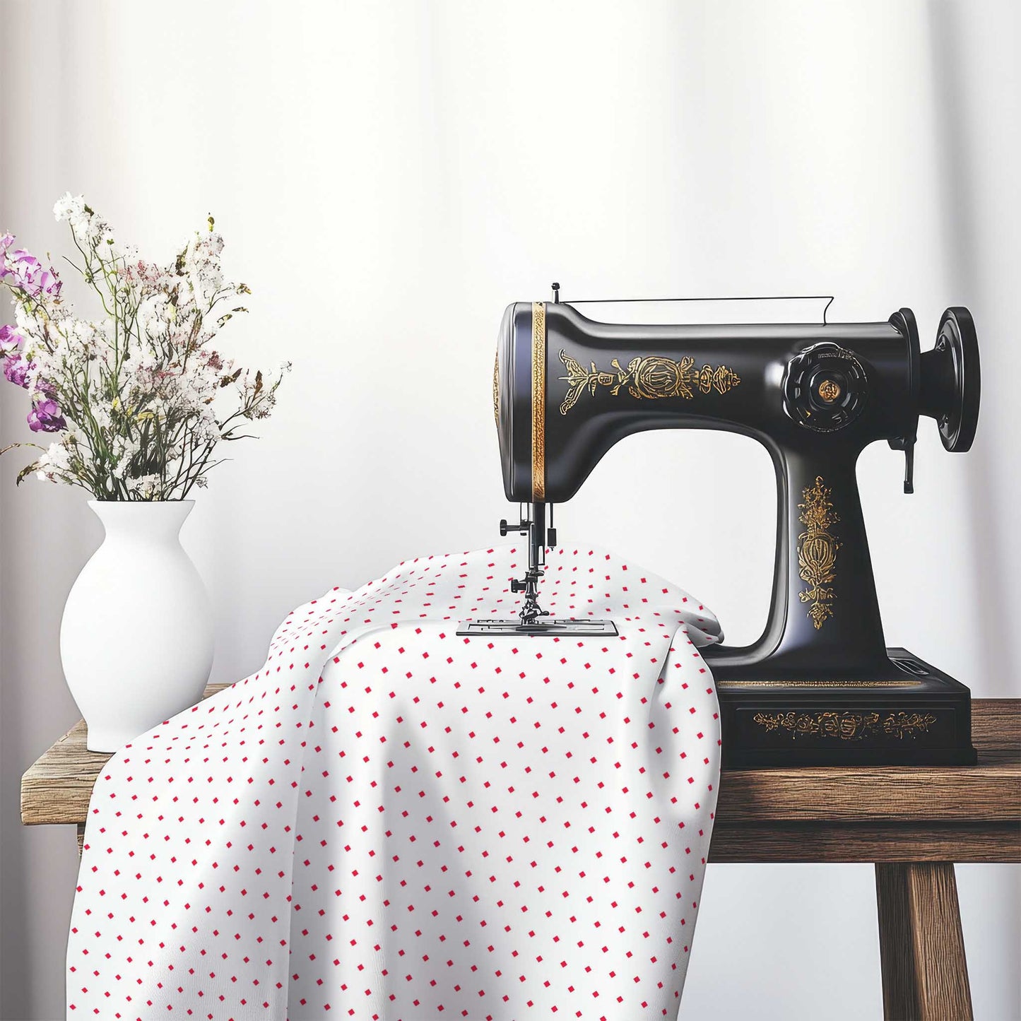 White Cotton Sateen Fabric with Fine Red Diamonds, FACS-1330-111, on an antique sewing machine sitting on a desk with vase of beautiful flowers.