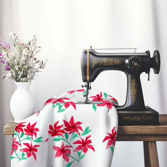 Cotton Sateen Fabric with Hand-painted Red Watercolor Floral Print, FACS-1334