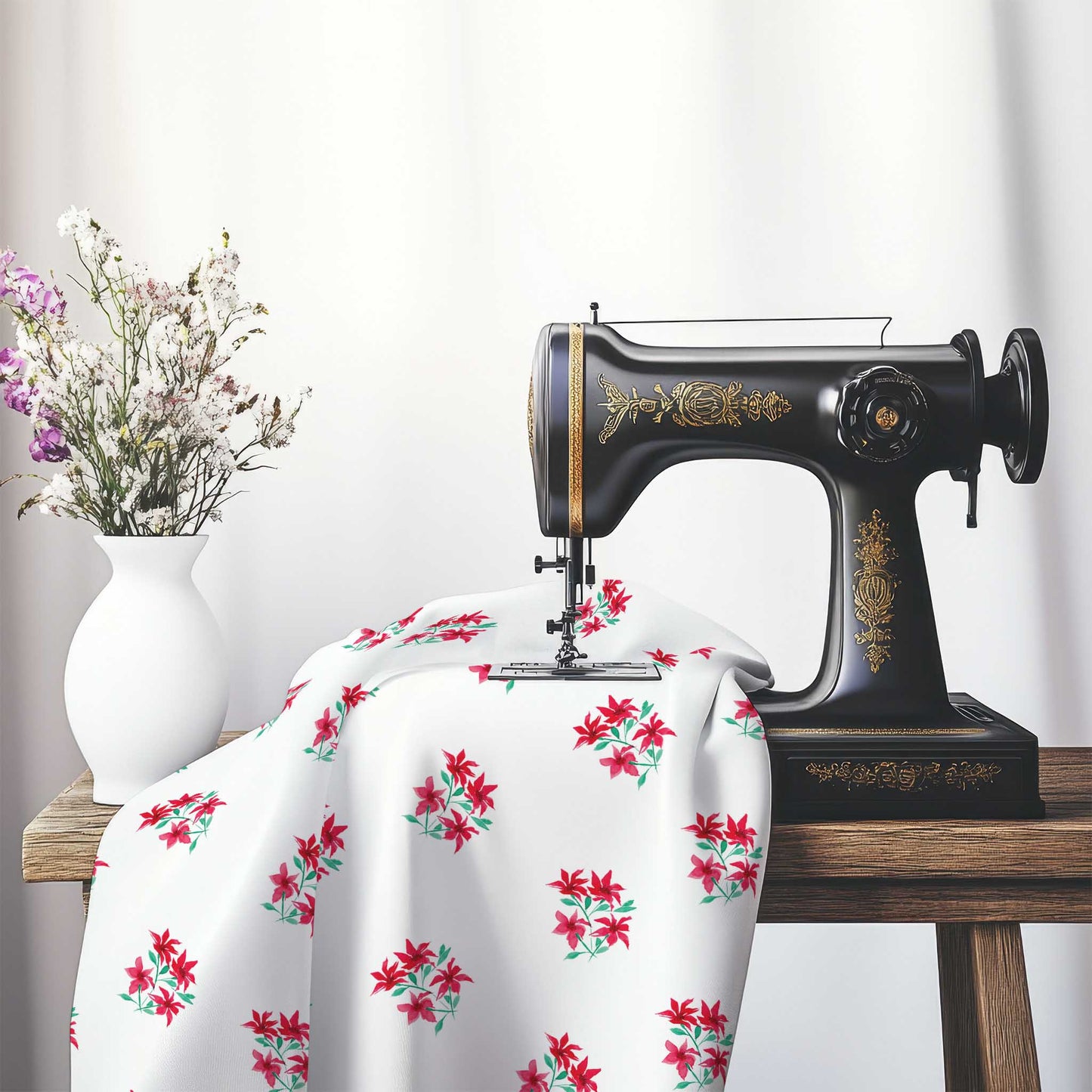 Cotton Sateen Fabric with Hand-painted Red Watercolor Floral Pattern Print, FACS-1335