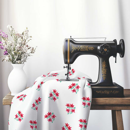 Cotton Sateen Fabric with Hand-painted Red Watercolor Floral Pattern Print, FACS-1335