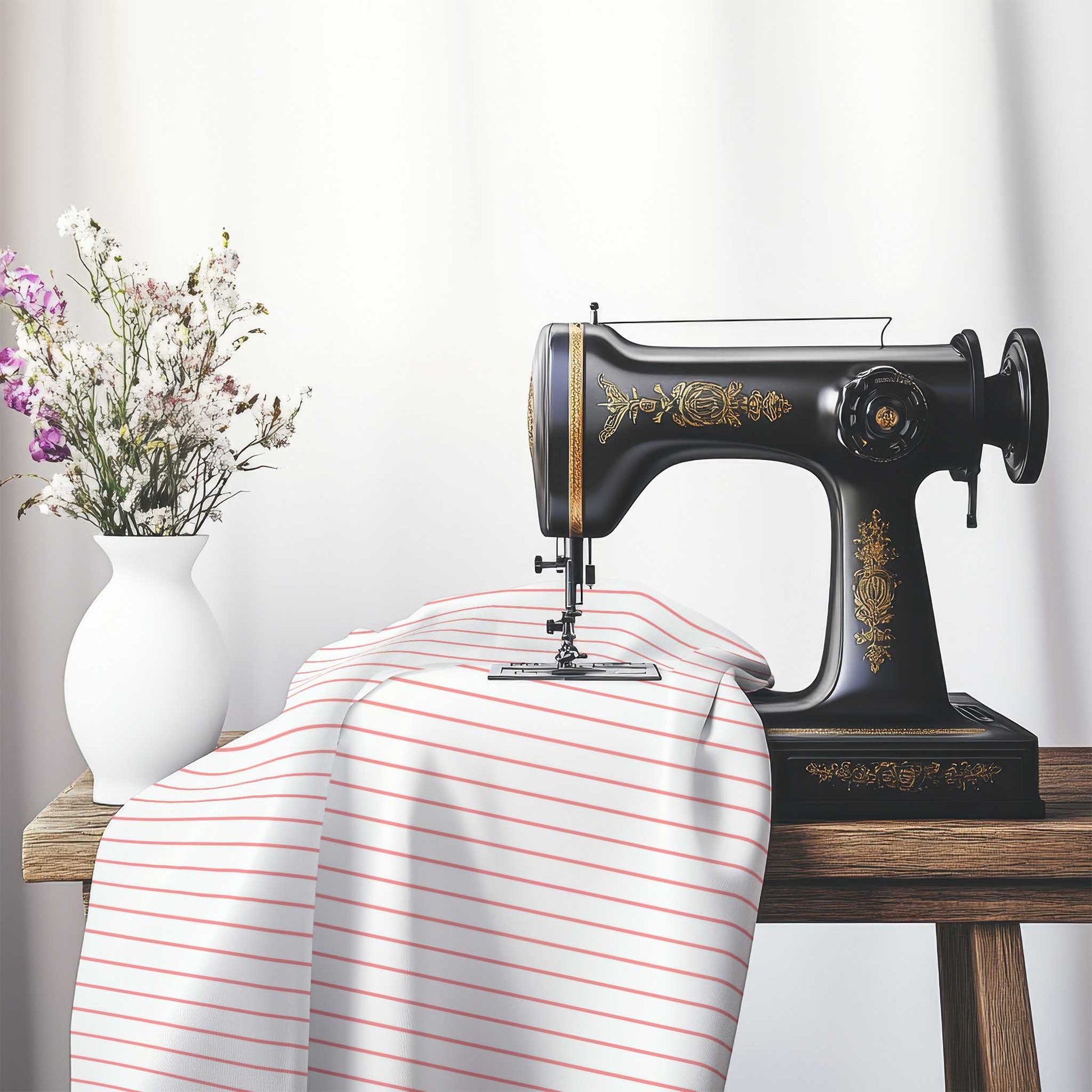 White Cotton Sateen Fabric with Fine Pink Stripes, FACS-1340-151, on an antique sewing machine sitting on a desk with vase of beautiful flowers.