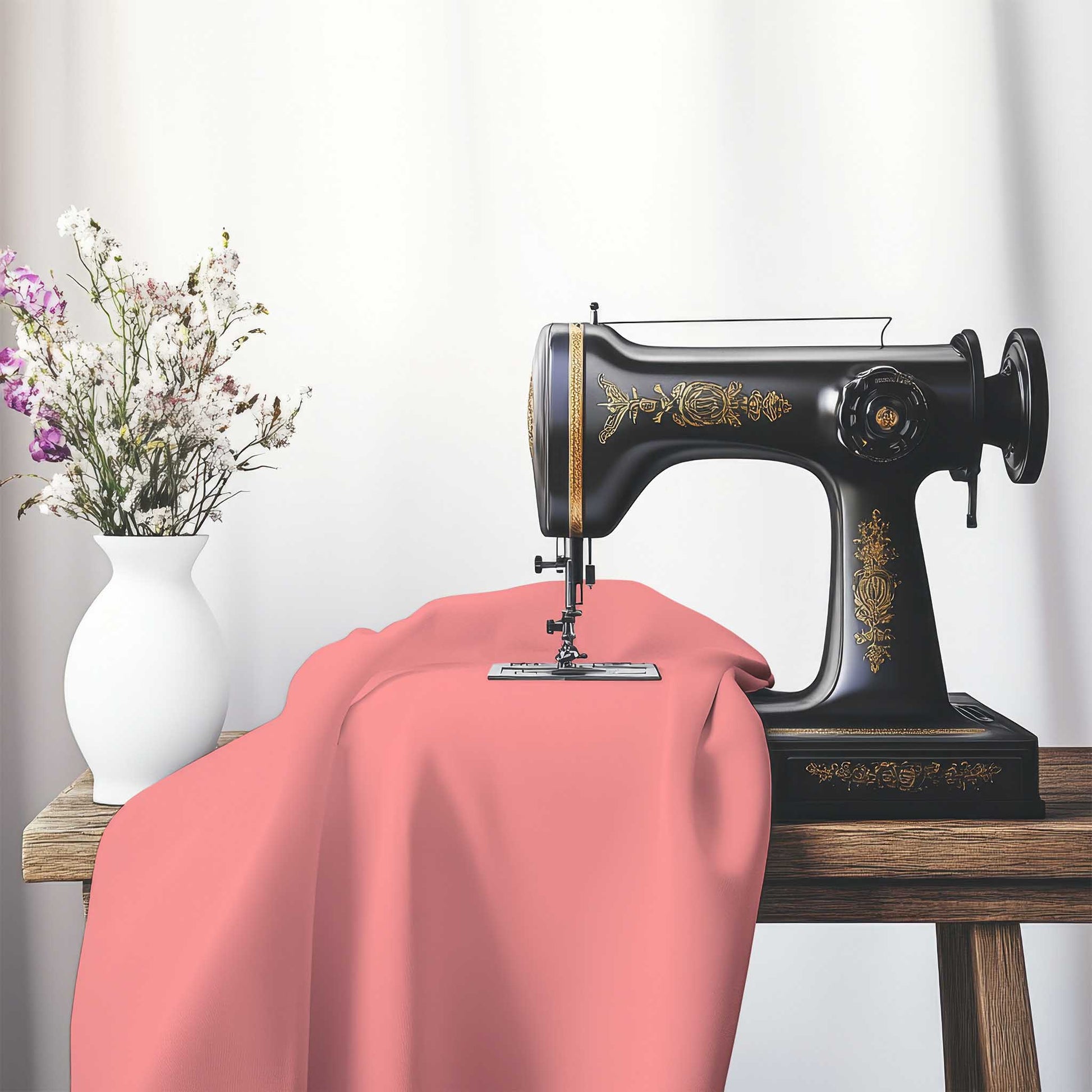 Pink Cotton Sateen Handpainted Purple Watercolor Print, FACS-1340-999, on an antique sewing machine sitting on a desk with vase of beautiful flowers.