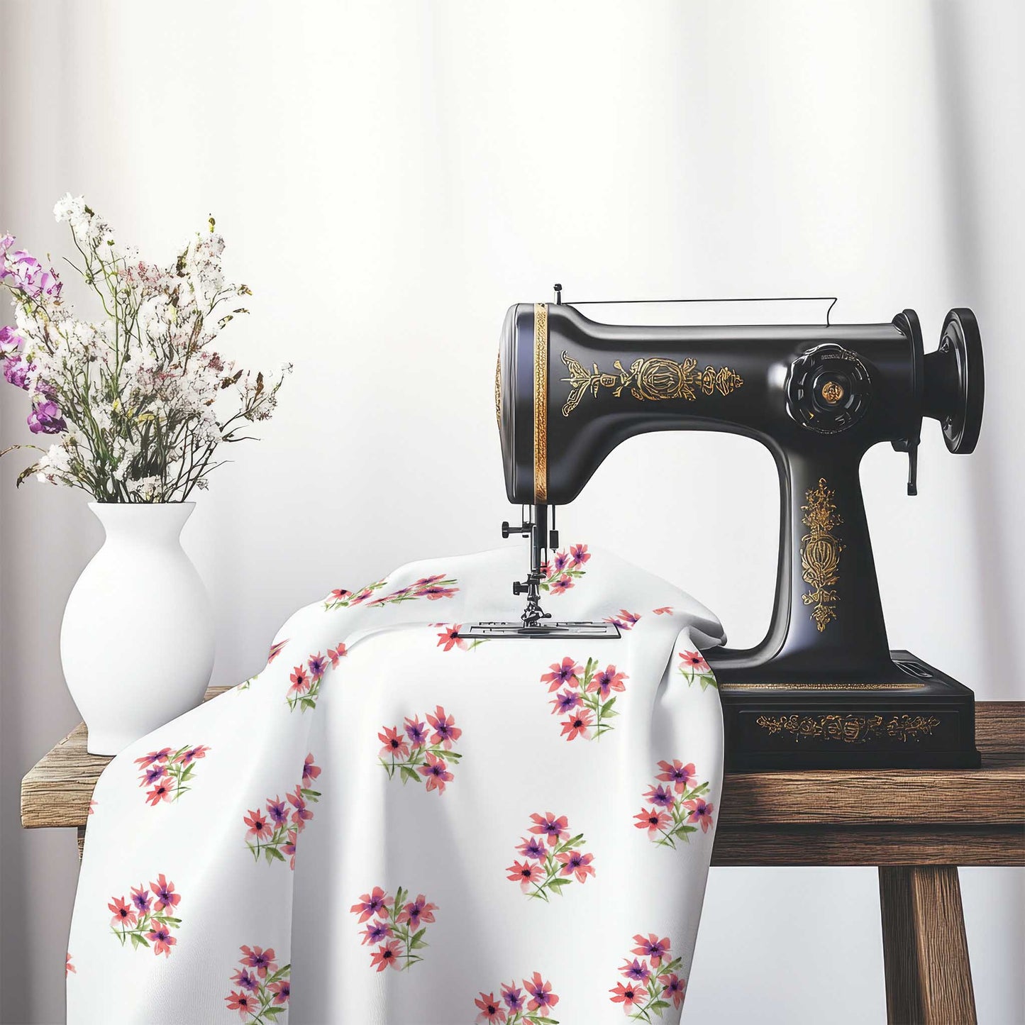 Cotton Sateen Fabric with Hand-painted Pink Watercolor Floral Pattern Print, FACS-1345