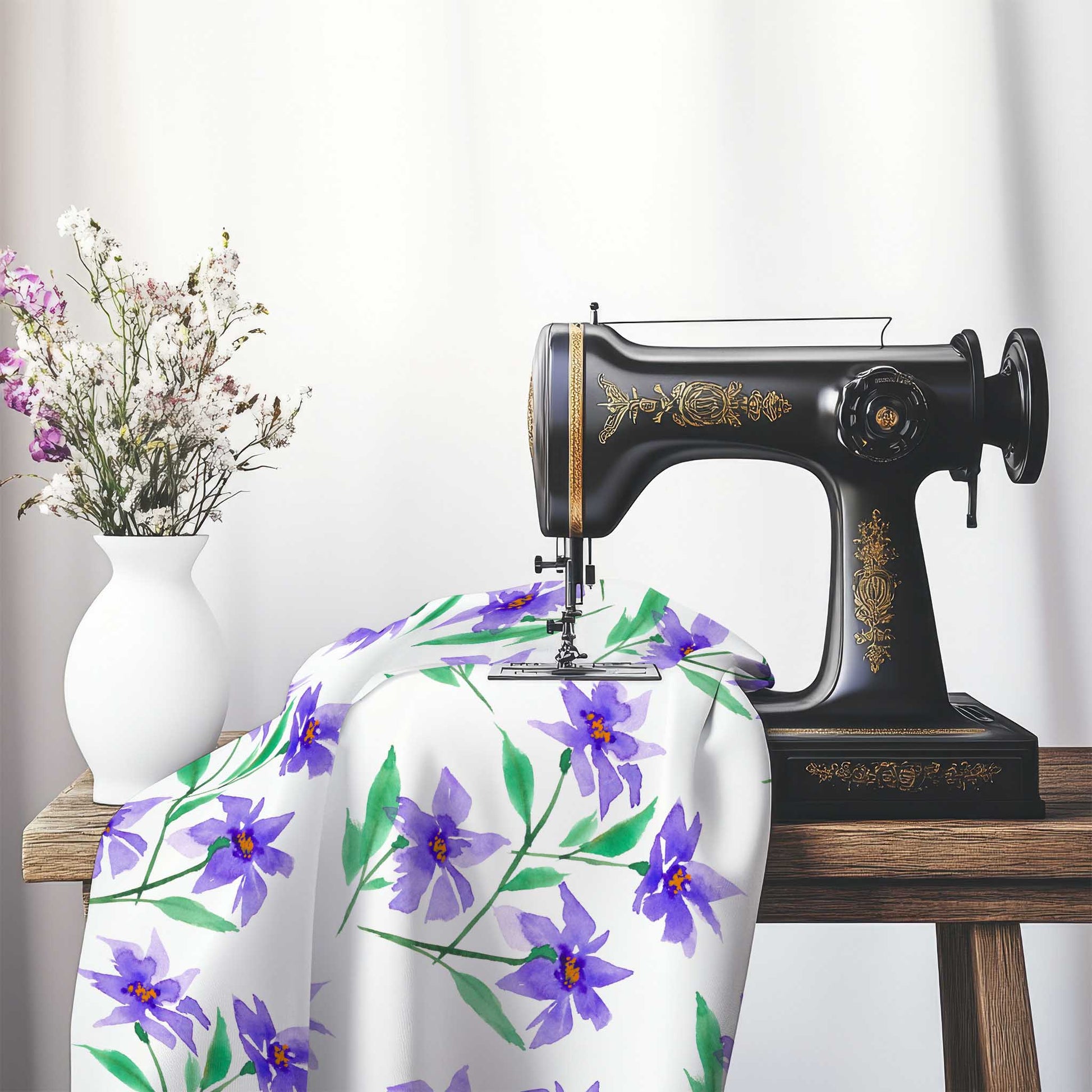 Printed Fabric with Handpainted Purple Watercolor Floral, FACS-1354, on an antique sewing machine sitting on a desk with vase of beautiful flowers.