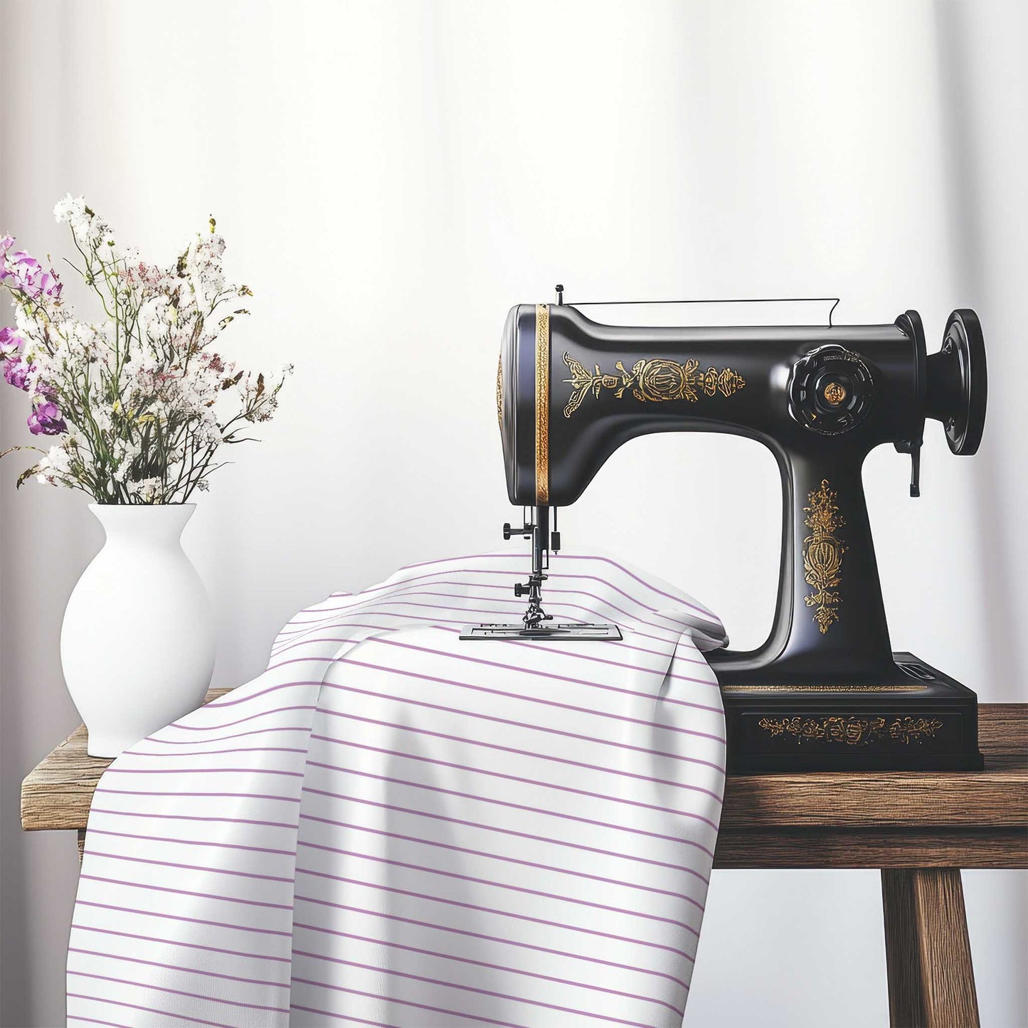 White Cotton Sateen Fabric with Fine Mauve Stripes, FACS-1360-151, on an antique sewing machine sitting on a desk with vase of beautiful flowers.