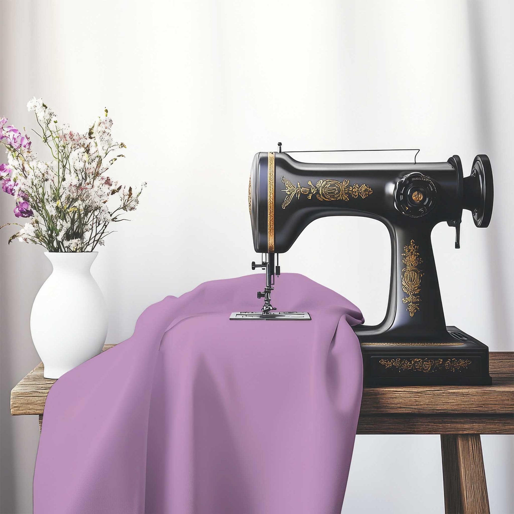Mauve Cotton Sateen Handpainted Purple Watercolor Print, FACS-1360-999, on an antique sewing machine sitting on a desk with vase of beautiful flowers.