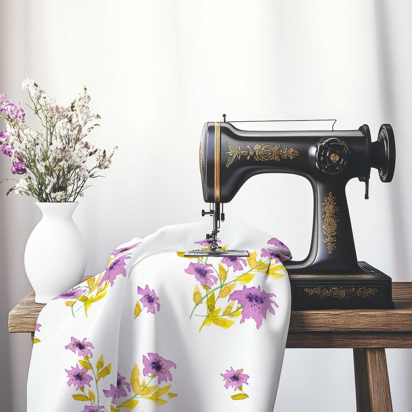 Printed Fabric with Handpainted Mauve Watercolor Floral, FACS-1364, on an antique sewing machine sitting on a desk with vase of beautiful flowers.