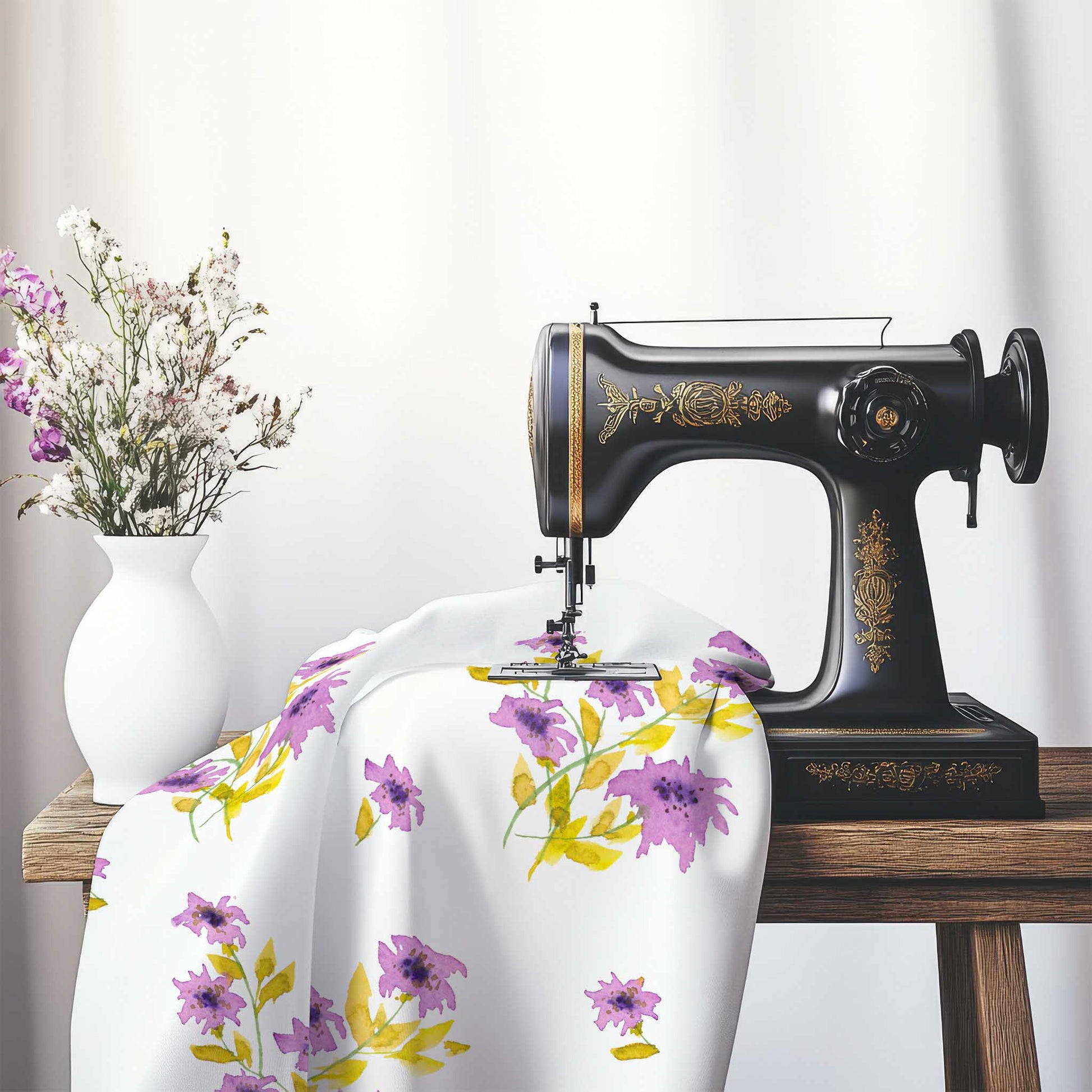 Printed Fabric with Handpainted Mauve Watercolor Floral, FACS-1364, on an antique sewing machine sitting on a desk with vase of beautiful flowers.
