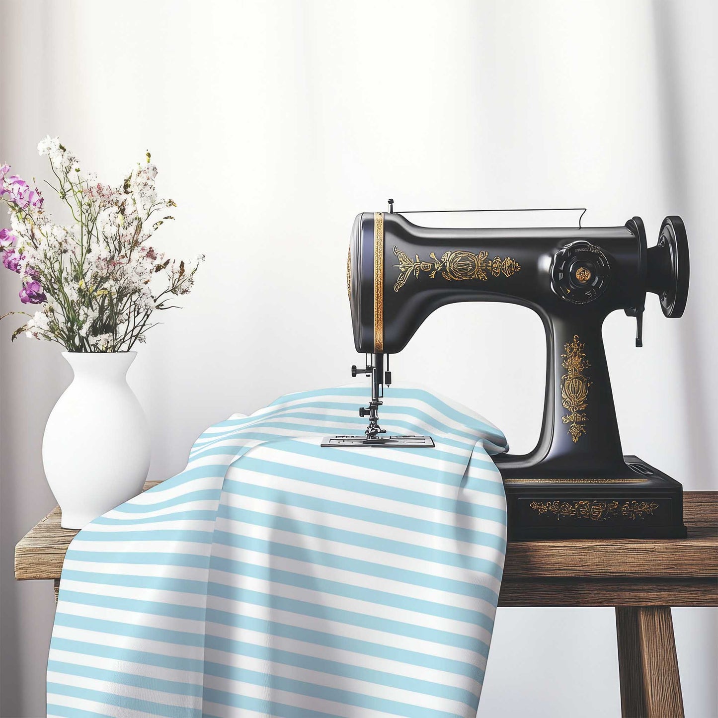 White Cotton Sateen Fabric with Blue Bars, FACS-1370-051, on an antique sewing machine sitting on a desk with vase of beautiful flowers.