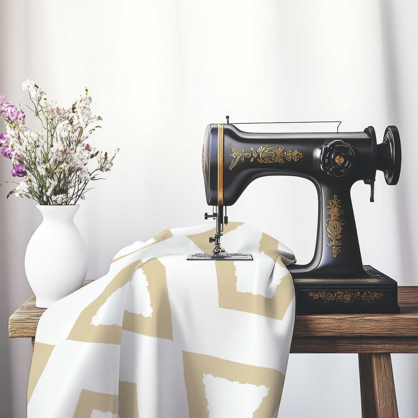 Off-White Cotton Sateen Fabric with Bold Tan Graphic , FASC-1371-391, on an antique sewing machine sitting on a desk with vase of beautiful flowers.