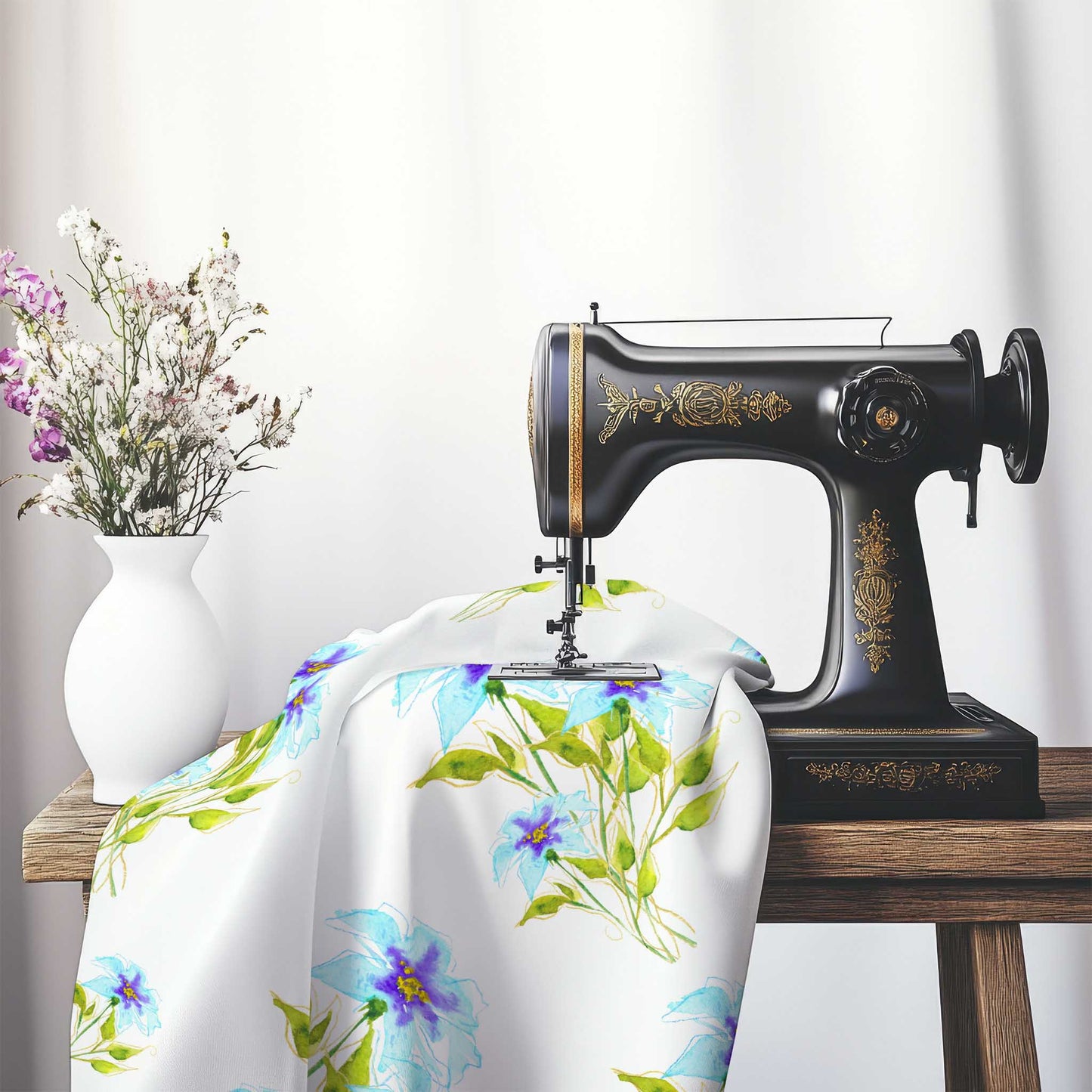 Printed Fabric with Handpainted Blue Watercolor Floral, FACS-1374, on an antique sewing machine sitting on a desk with vase of beautiful flowers.