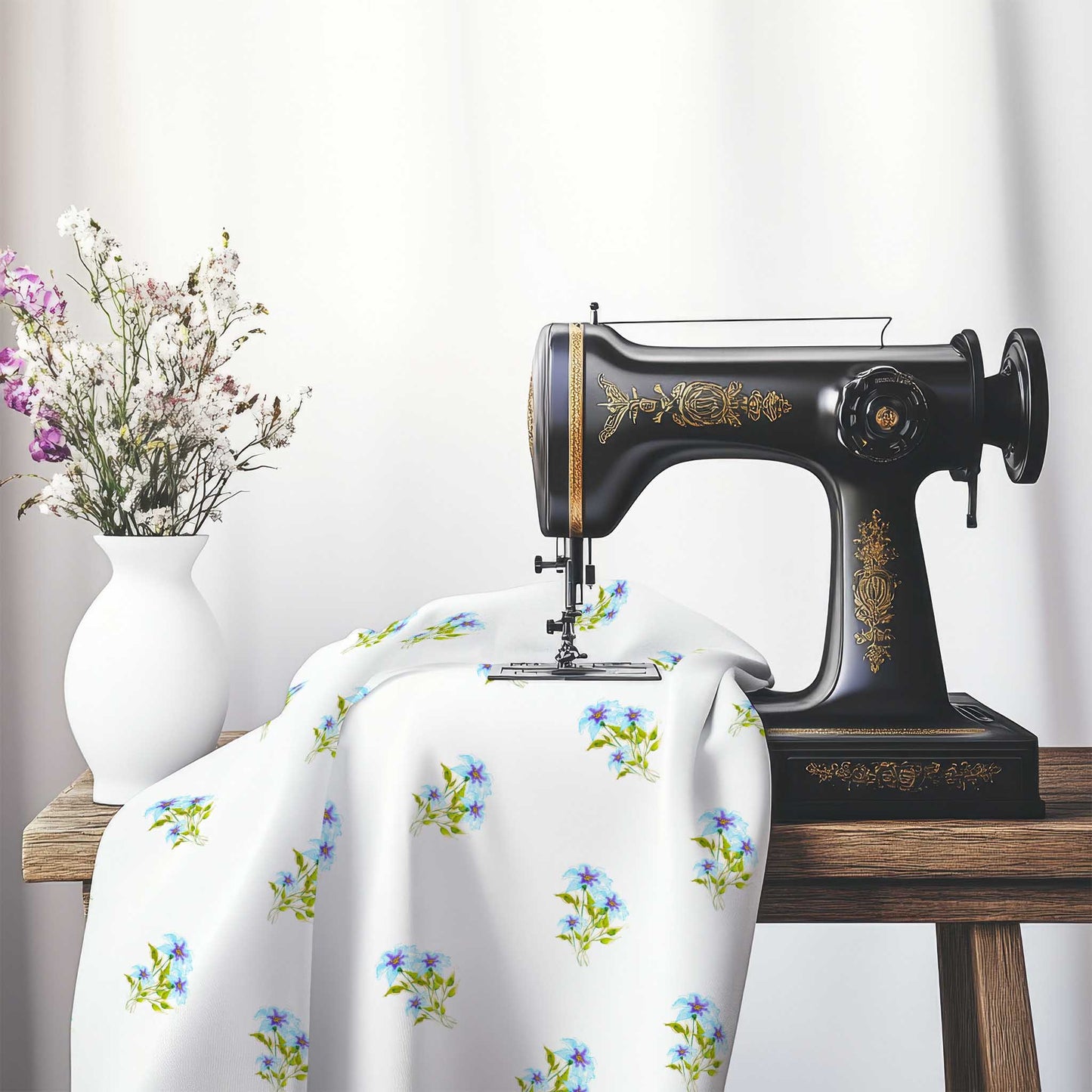 Printed Fabric with Handpainted Blue Watercolor Floral Pattern, FACS-1375, on an antique sewing machine sitting on a desk with vase of beautiful flowers.