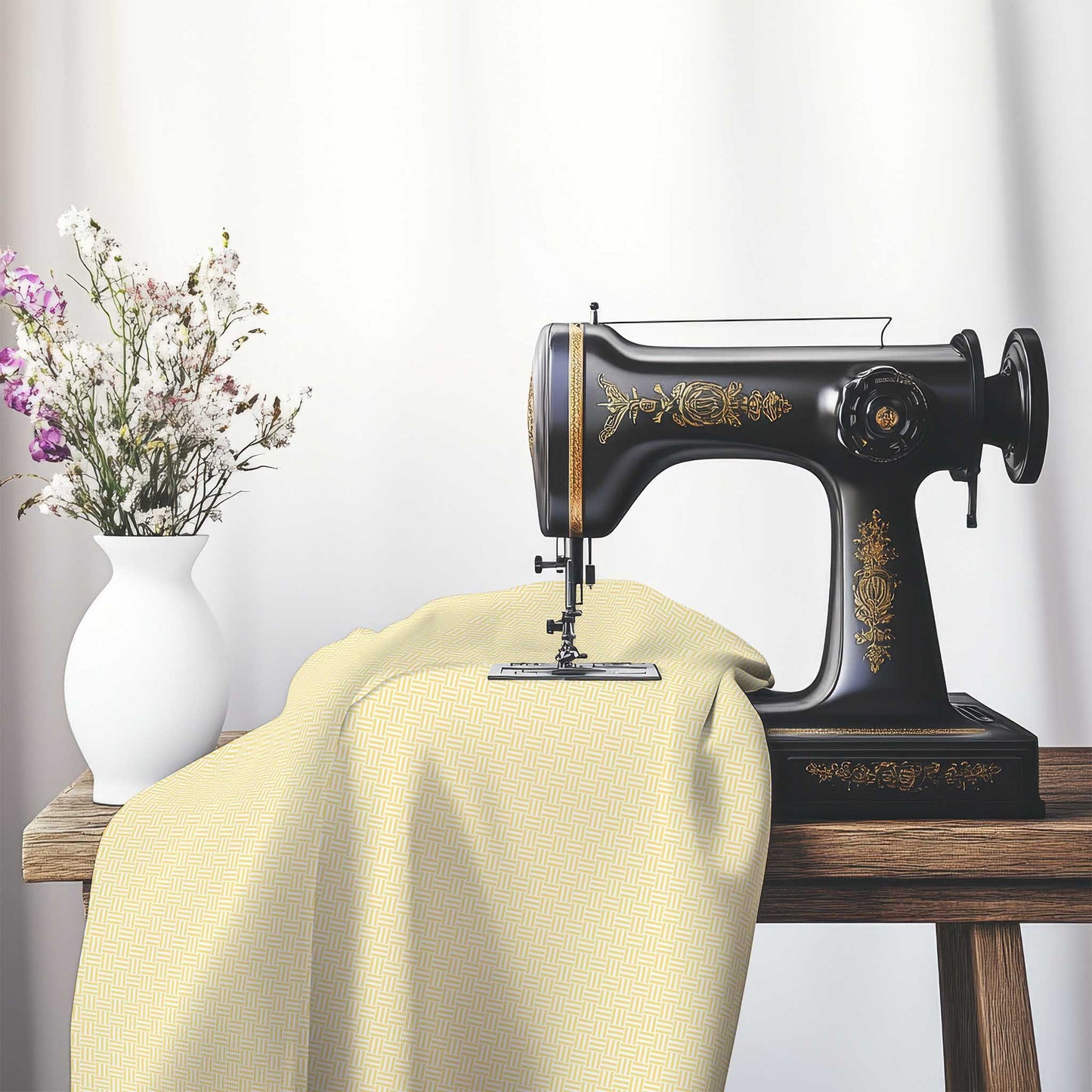 Off-White Cotton Sateen Fabric with Yellow Double Weave Motif Print, FASC-1381-144, on an antique sewing machine sitting on a desk with vase of beautiful flowers.