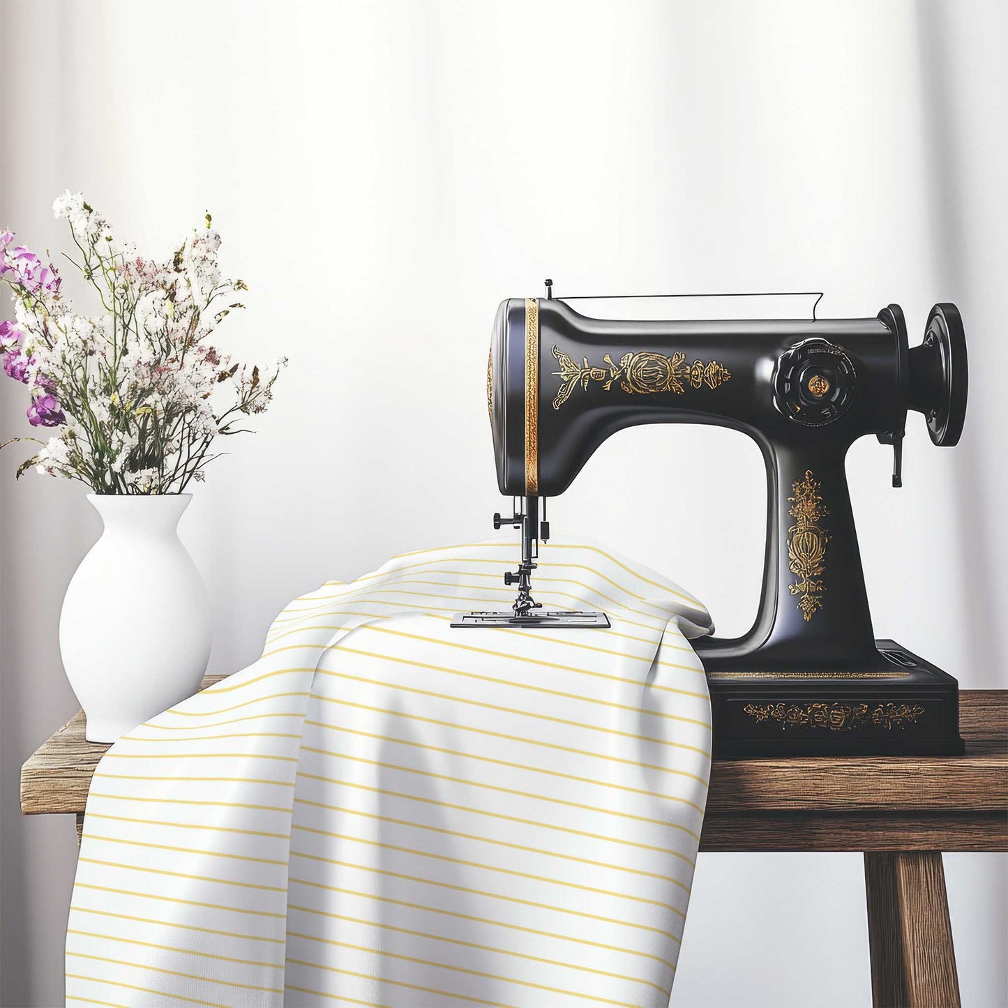White Cotton Sateen Fabric with Fine Yellow Stripes, FACS-1381-151, on an antique sewing machine sitting on a desk with vase of beautiful flowers.