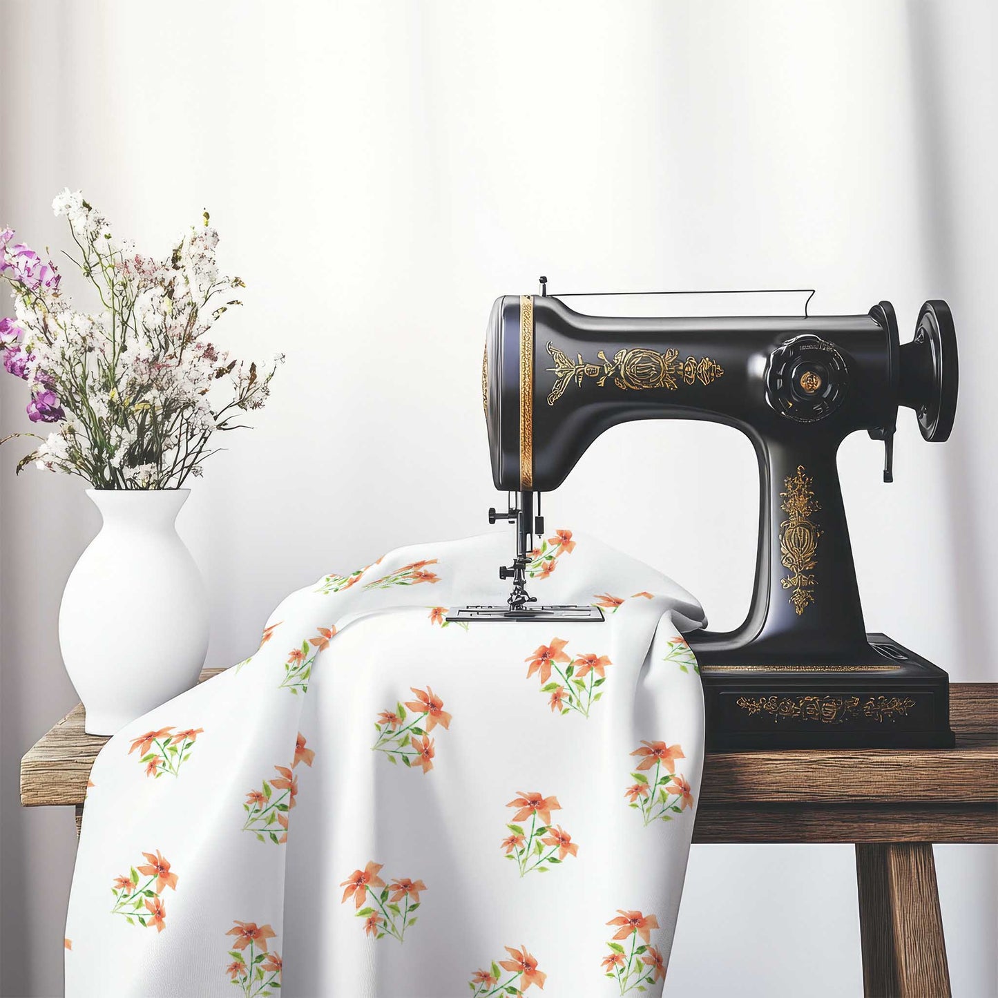 Printed Fabric with Handpainted Red Watercolor Floral Pattern, FACS-1385, on an antique sewing machine sitting on a desk with vase of beautiful flowers.