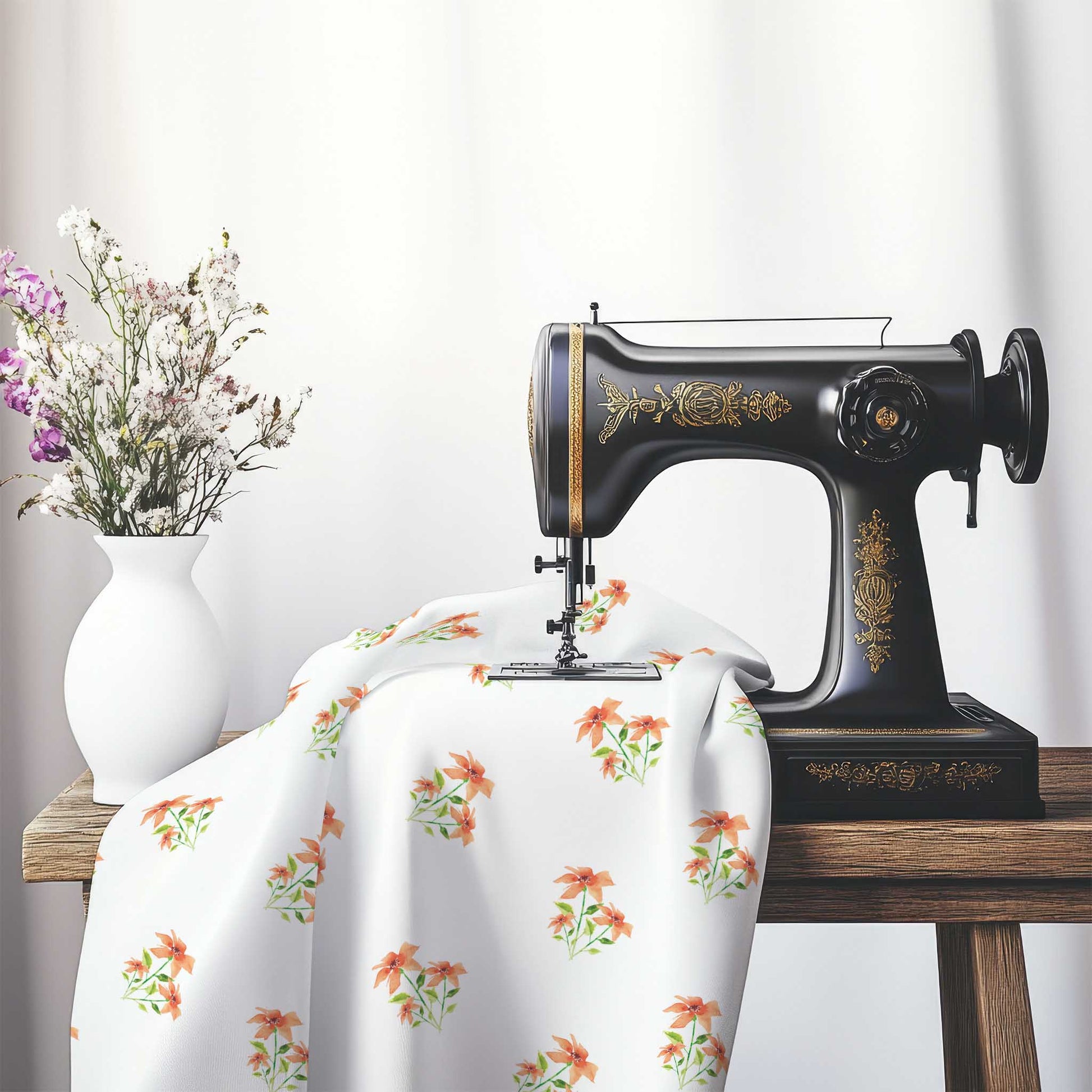 Printed Fabric with Handpainted Red Watercolor Floral Pattern, FACS-1385, on an antique sewing machine sitting on a desk with vase of beautiful flowers.