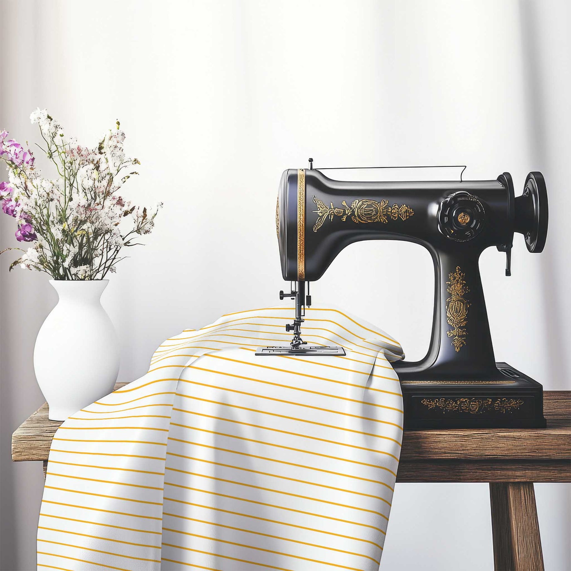 White Cotton Sateen Fabric with Fine Yellow-Orange Stripes, FACS-1390-151, on an antique sewing machine sitting on a desk with vase of beautiful flowers.