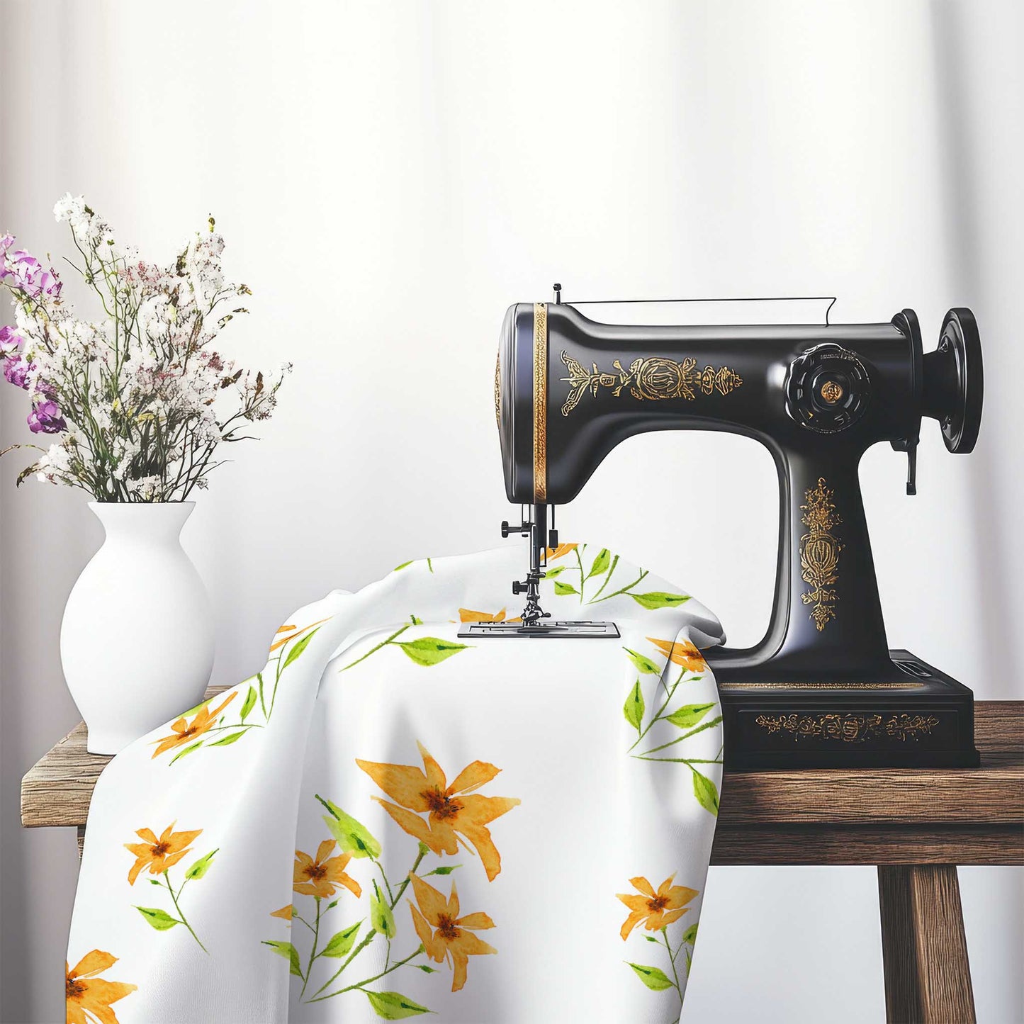 Printed Fabric with Handpainted Yellow-Orange Watercolor Floral, FACS-1394, on an antique sewing machine sitting on a desk with vase of beautiful flowers.