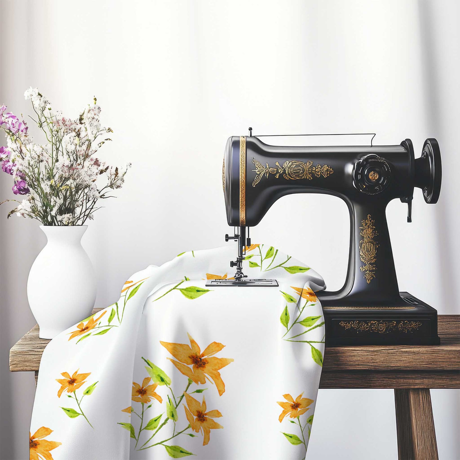 Printed Fabric with Handpainted Yellow-Orange Watercolor Floral, FACS-1394, on an antique sewing machine sitting on a desk with vase of beautiful flowers.