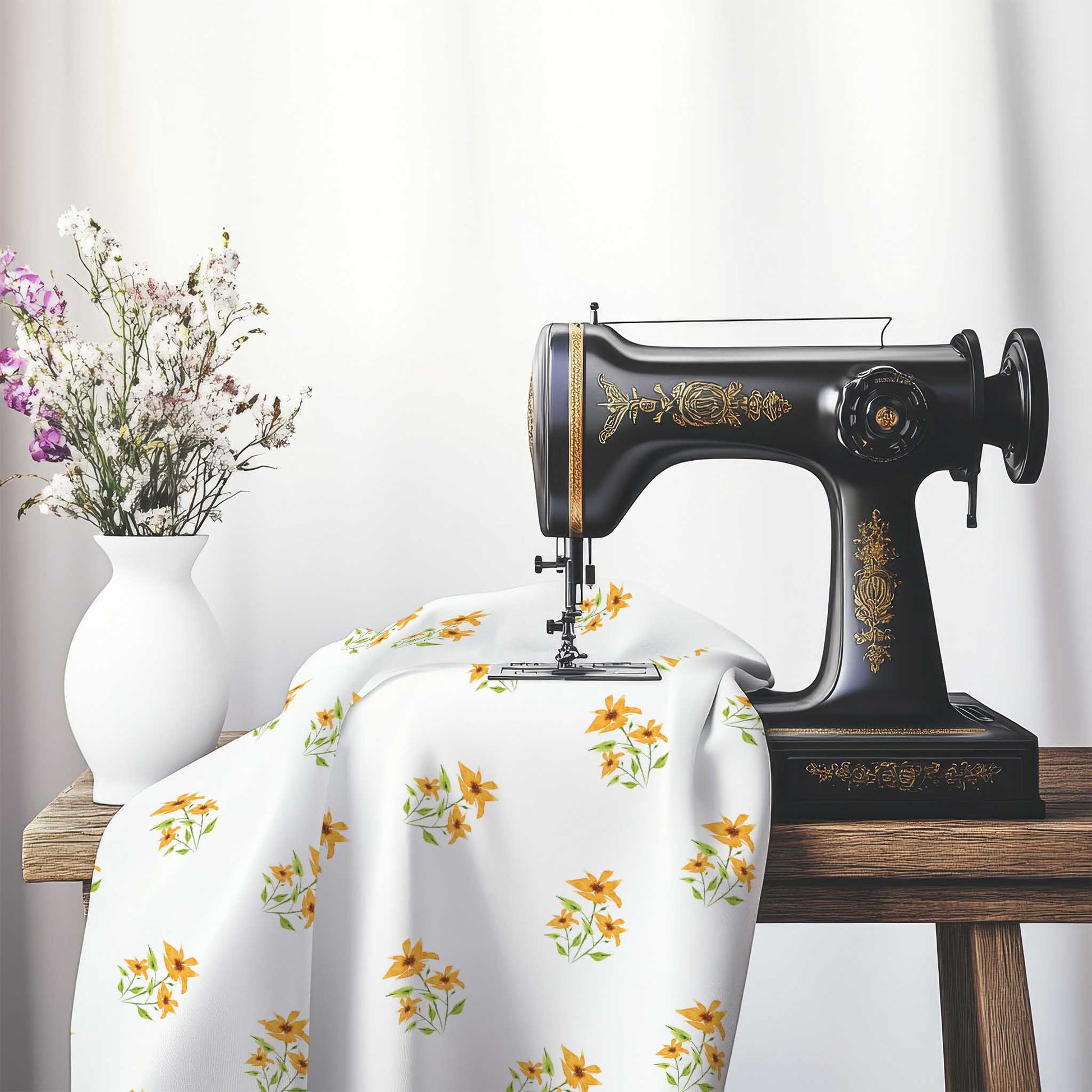 Printed Fabric with Handpainted Yellow-Orange Watercolor Floral Pattern, FACS-1395, on an antique sewing machine sitting on a desk with vase of beautiful flowers.