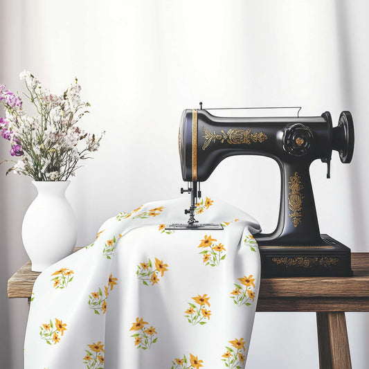 Printed Fabric with Handpainted Yellow-Orange Watercolor Floral Pattern, FACS-1395, on an antique sewing machine sitting on a desk with vase of beautiful flowers.