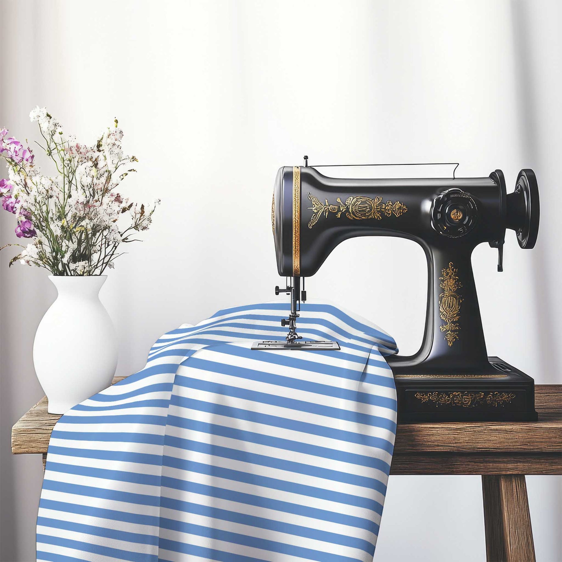 White Cotton Sateen Fabric with Blue Bars, FACS-1400-051, on an antique sewing machine sitting on a desk with vase of beautiful flowers.