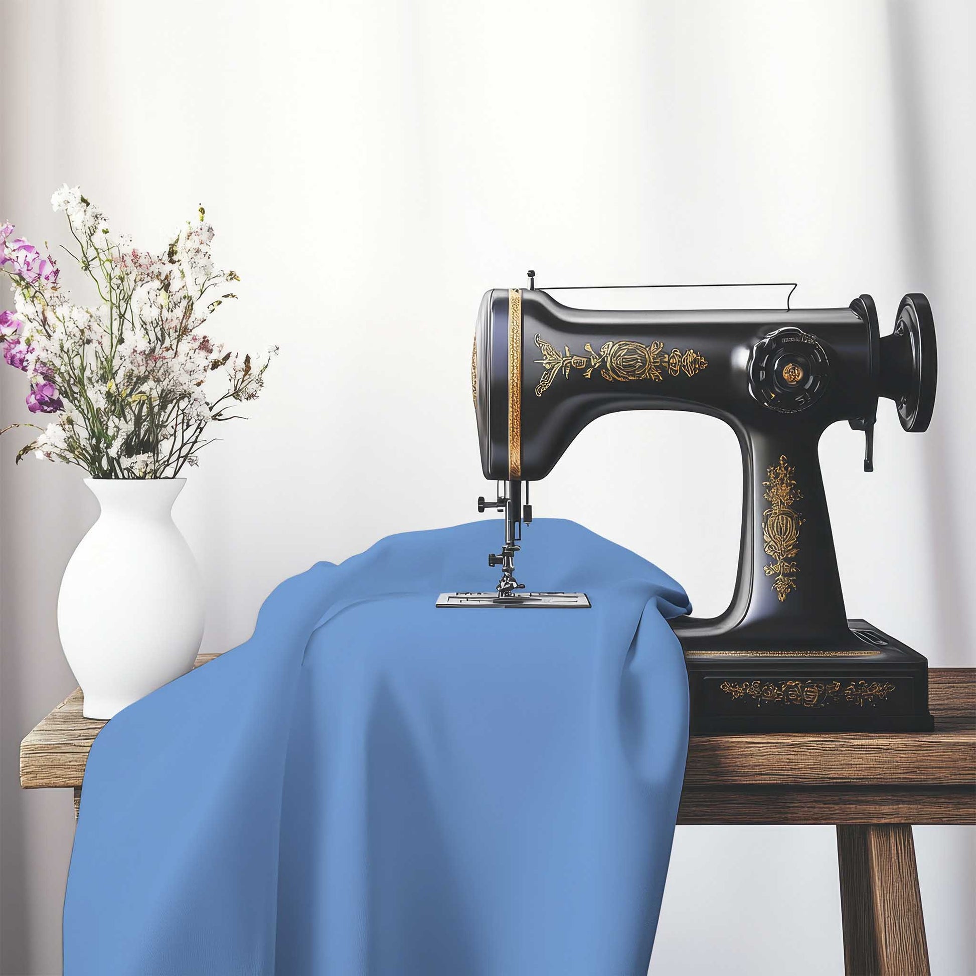 Blue Cotton Sateen Handpainted Purple Watercolor Print, FACS-1400-999, on an antique sewing machine sitting on a desk with vase of beautiful flowers.