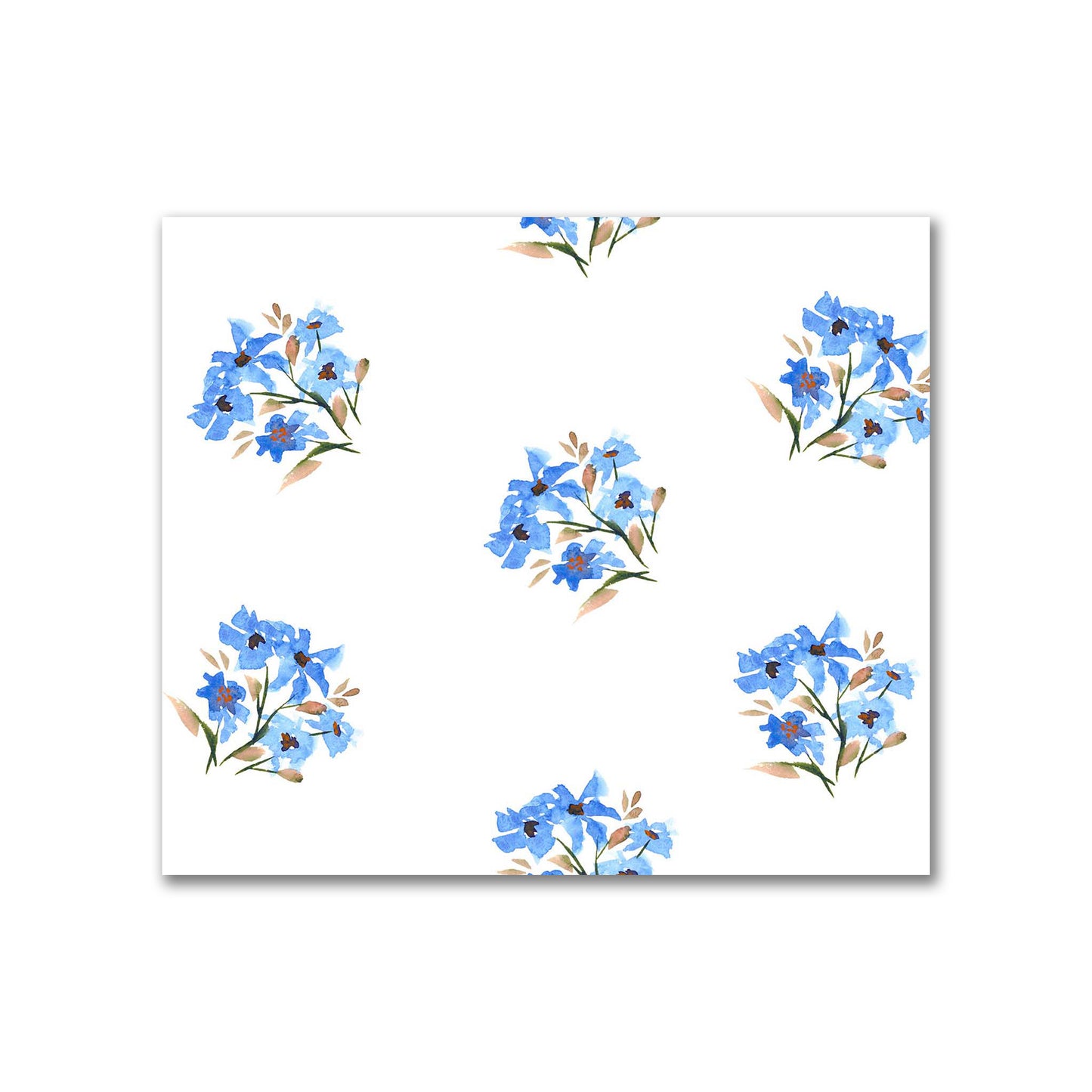 Cotton Sateen Fabric with Hand-painted Blue Watercolor Floral Pattern Print, FACS-1405