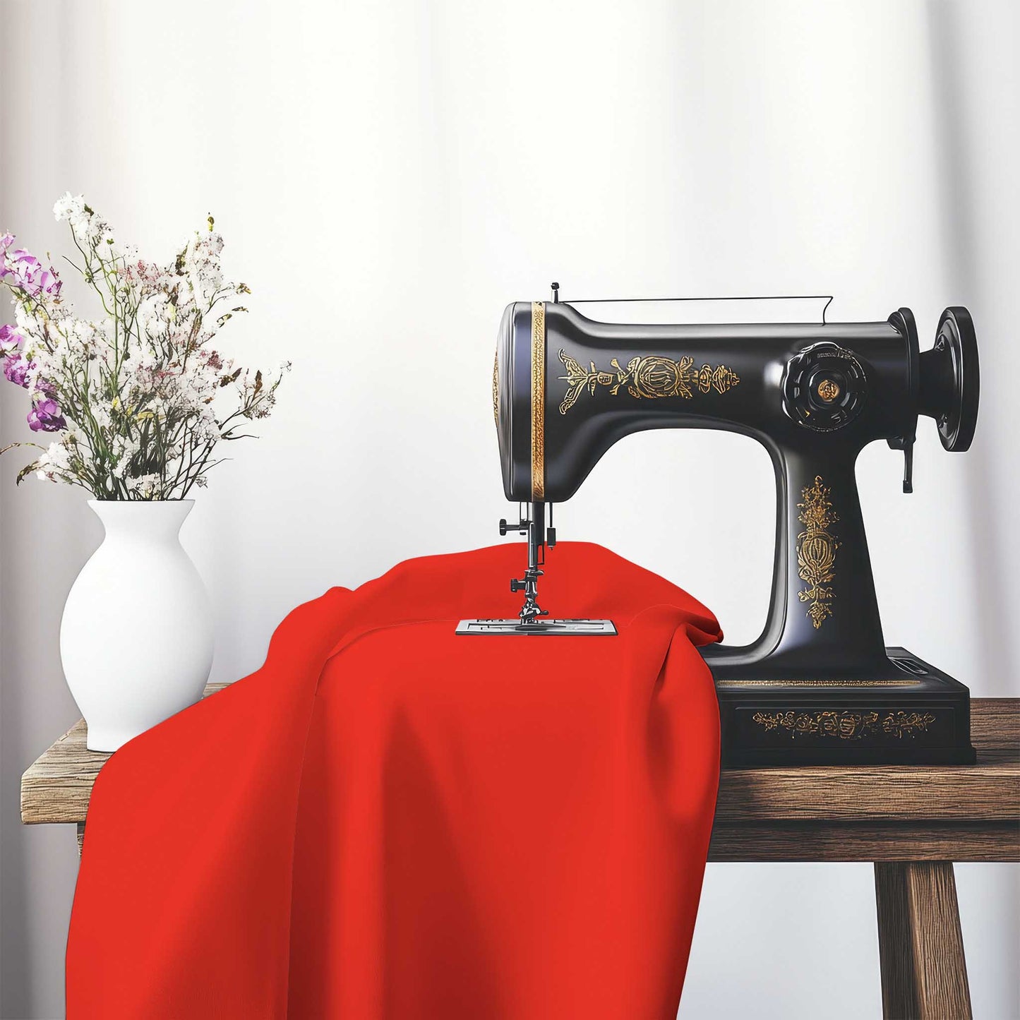 Red Cotton Sateen Fabric, FACS-1410-999, on an antique sewing machine sitting on a desk with vase of beautiful flowers.