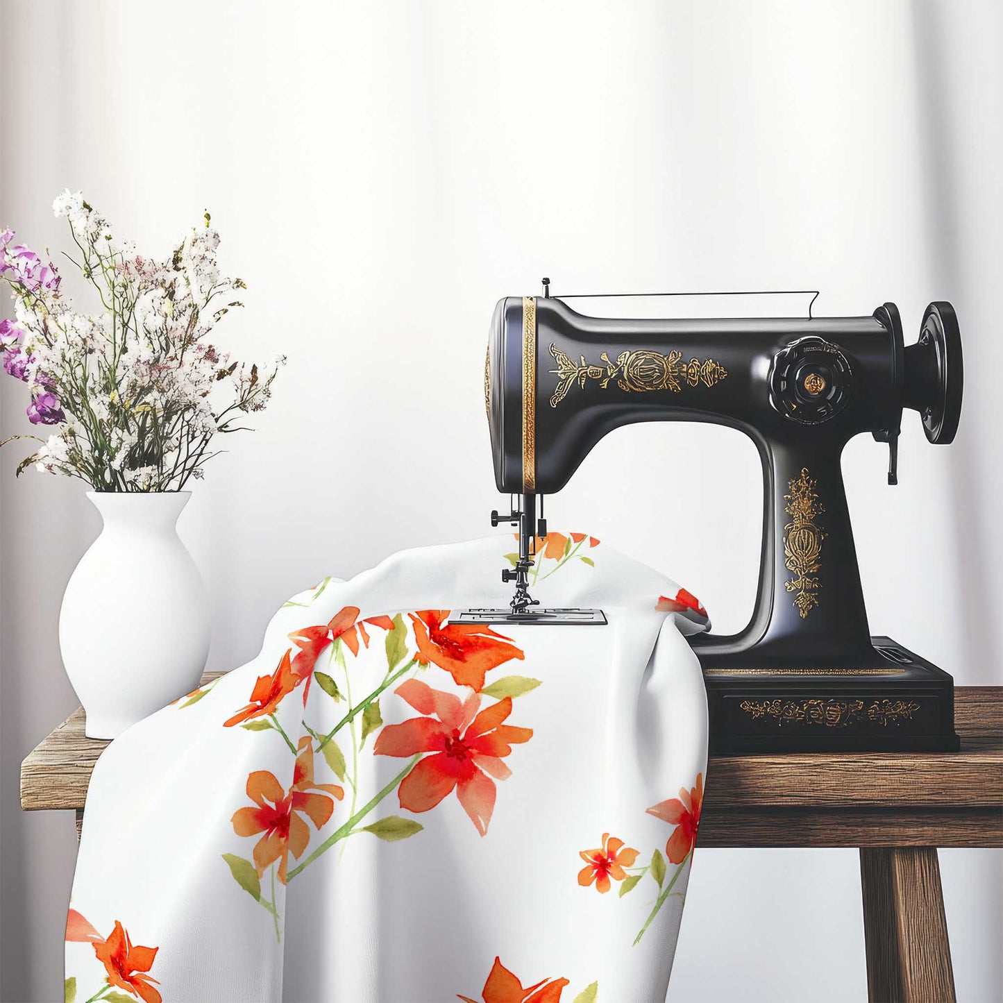 Printed Fabric with Handpainted Red Watercolor Floral, FACS-1414, on an antique sewing machine sitting on a desk with vase of beautiful flowers.