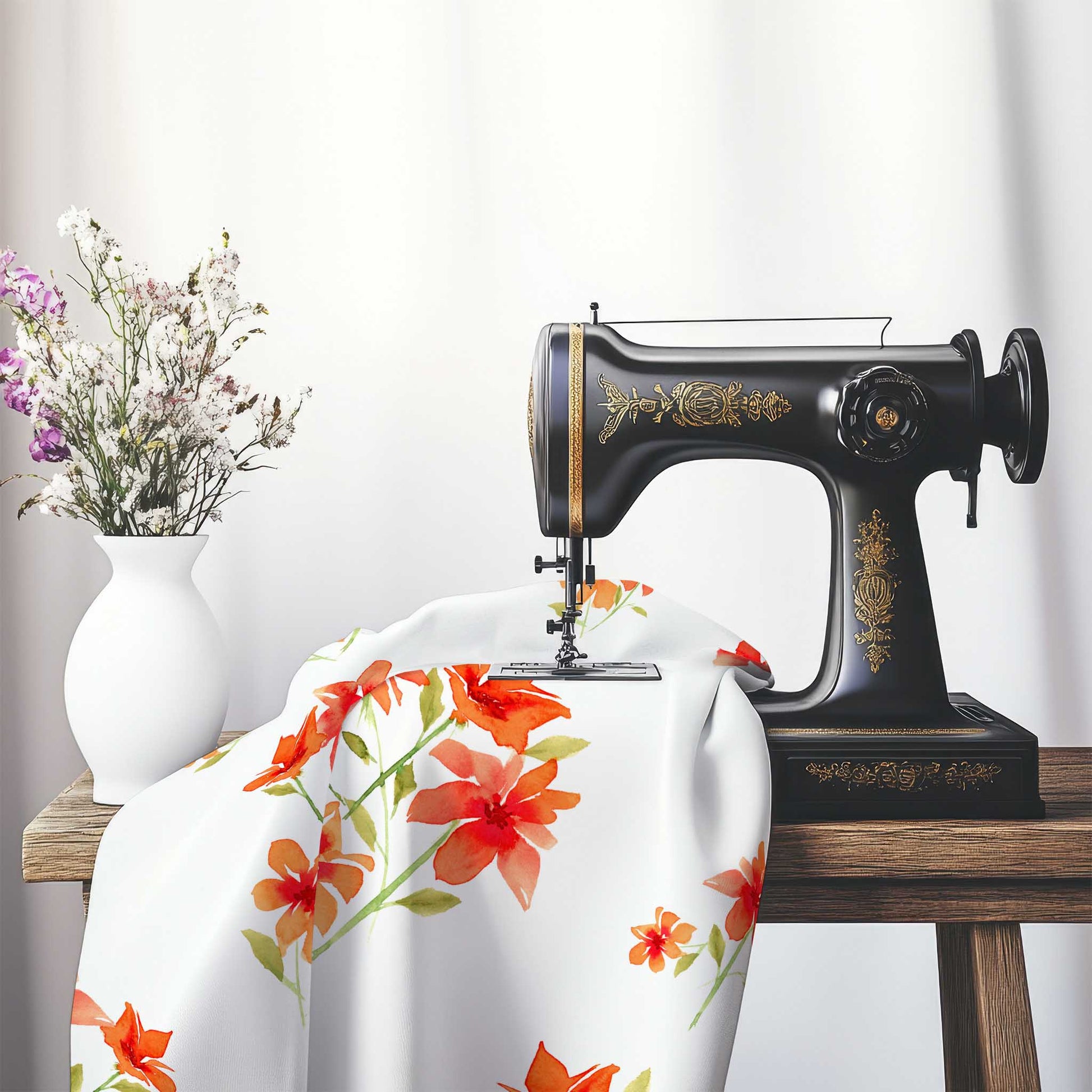Printed Fabric with Handpainted Red Watercolor Floral, FACS-1414, on an antique sewing machine sitting on a desk with vase of beautiful flowers.