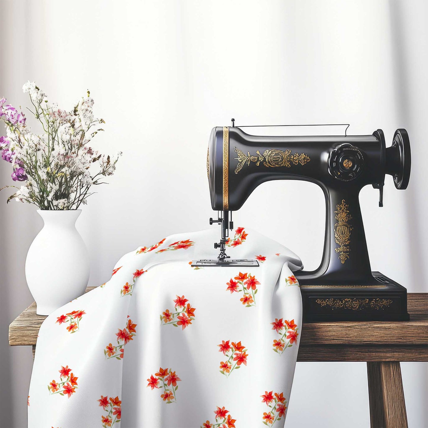 Printed Fabric with Handpainted Red Watercolor Floral Pattern, FACS-1415, on an antique sewing machine sitting on a desk with vase of beautiful flowers.