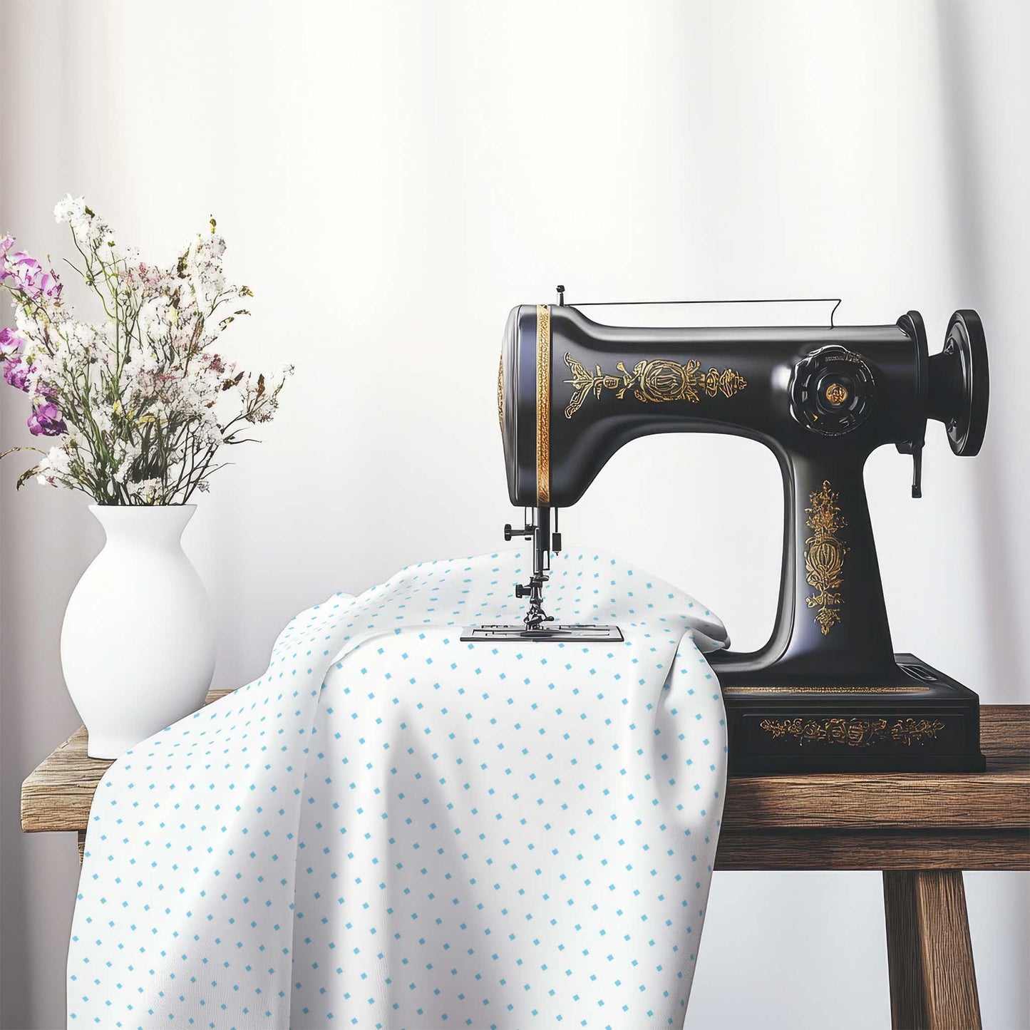 White Cotton Sateen Fabric with Fine Blue Diamonds, FACS-1430-111, on an antique sewing machine sitting on a desk with vase of beautiful flowers.