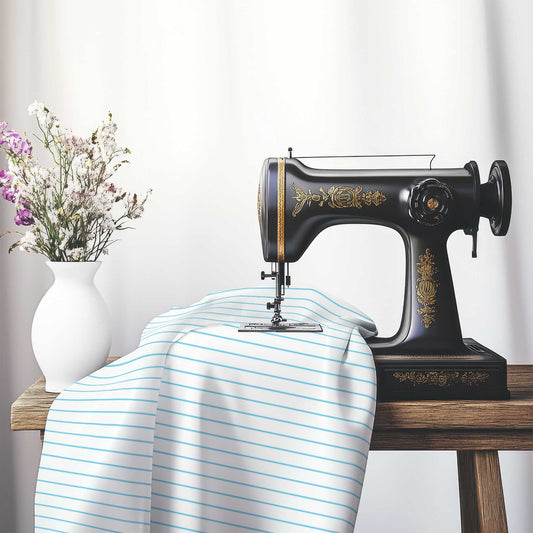 White Cotton Sateen Fabric with Fine Blue Stripes, FACS-1430-151, on an antique sewing machine sitting on a desk with vase of beautiful flowers.