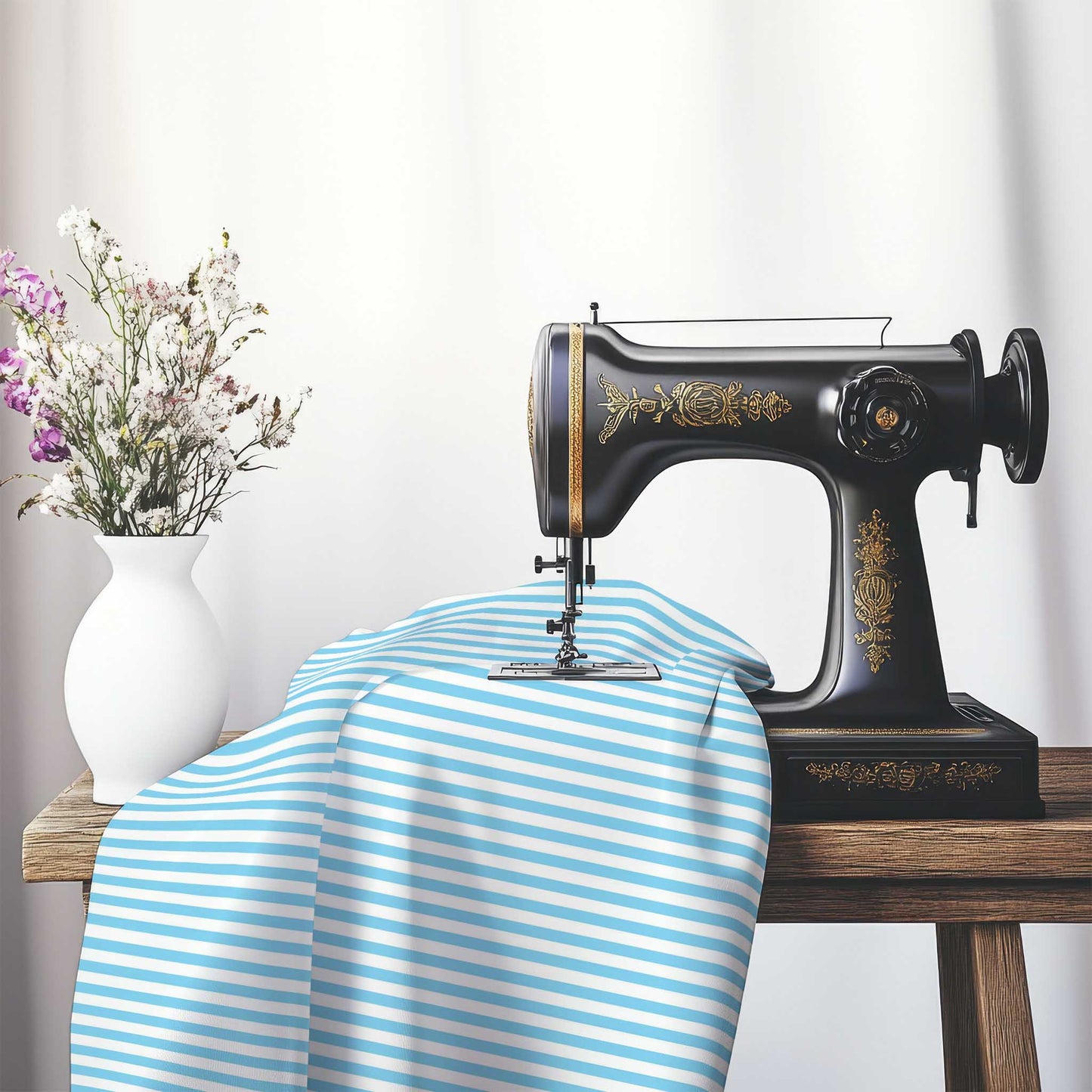White Cotton Sateen Fabric with Thin Blue Bars, FACS-1430-241, on an antique sewing machine sitting on a desk with vase of beautiful flowers.