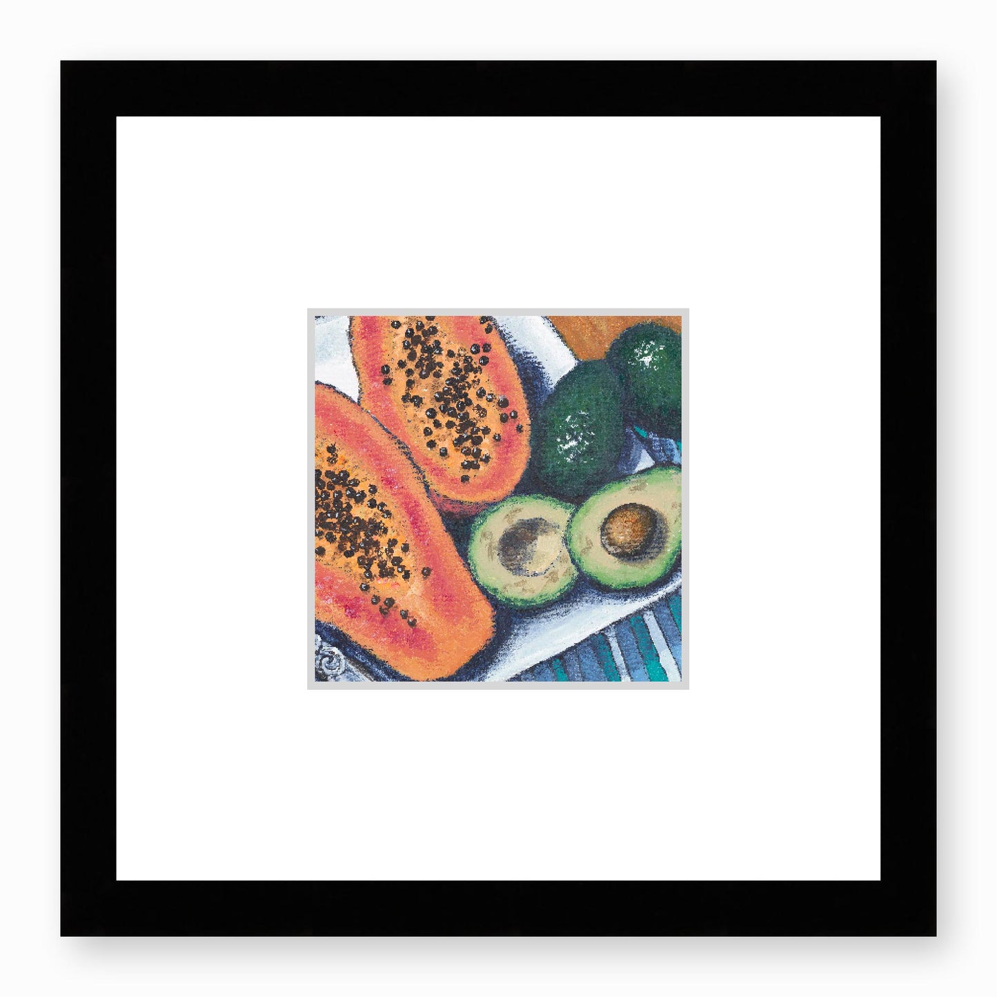 Framed Fine Art Print, Faux Mat - 12x12 inches | Papayas & Avocados in Acrylic, FMS-1000-1105, Prints, Fine art, Black Frame, 30 x 30 cm ,12 x 12 inches