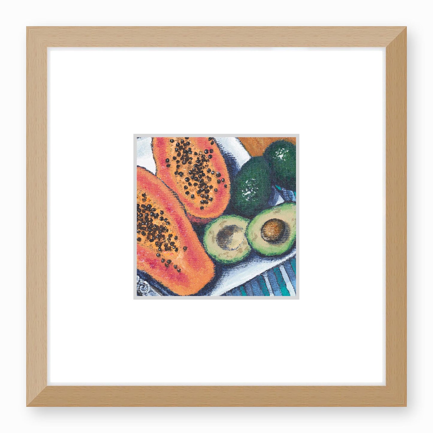 Framed Fine Art Print, Faux Mat - 12x12 inches | Papayas & Avocados in Acrylic, FMS-1000-1105, Prints, Fine art, Natural Frame, 30 x 30 cm ,12 x 12 inches