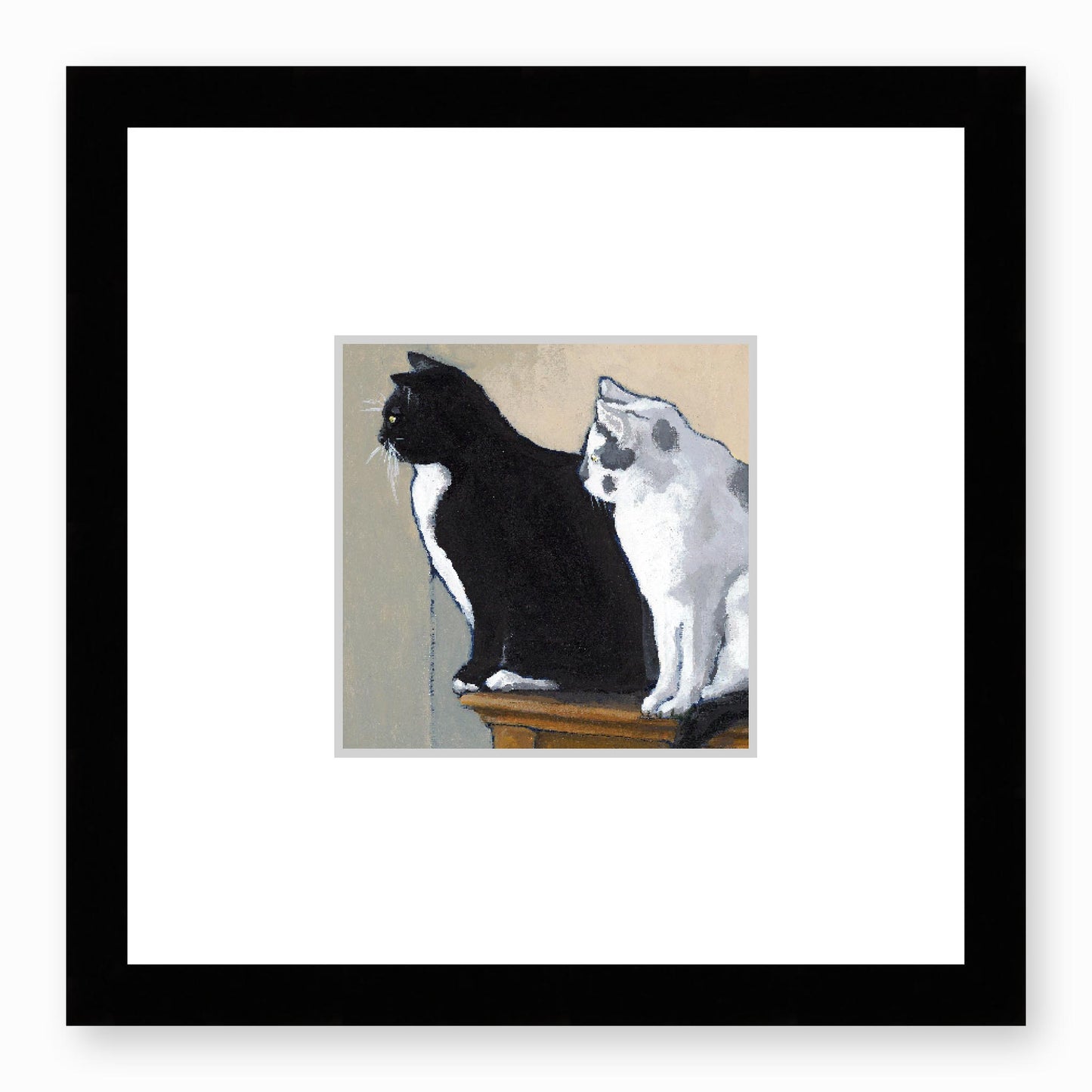 Framed Fine Art Print, Faux Mat - 12x12 inches | Black Cat White Cat in Acrylic, FMS-1000-1122, Prints, Fine art, Black Frame, 30 x 30 cm ,12 x 12 inches