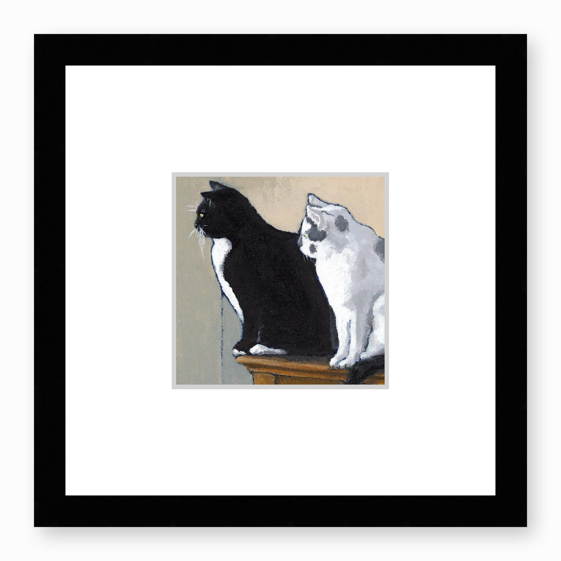 Framed Fine Art Print, Faux Mat - 12x12 inches | Black Cat White Cat in Acrylic, FMS-1000-1122, Prints, Fine art, Black Frame, 30 x 30 cm ,12 x 12 inches