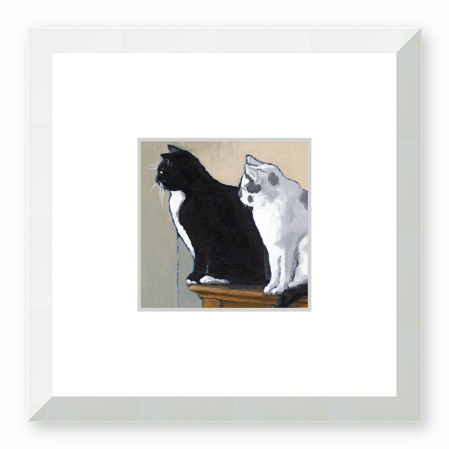 Framed Fine Art Print, Faux Mat - 12x12 inches | Black Cat White Cat in Acrylic, FMS-1000-1122, Prints, Fine art, White Frame, 30 x 30 cm ,12 x 12 inches