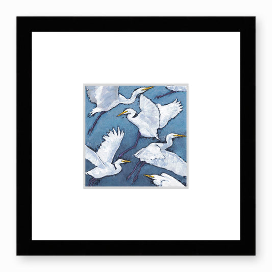 Framed Fine Art Print, Faux Mat - 12x12 inches | White Herons in Acrylic, FMS-1020-001, Prints, Fine art, Black Frame, 30 x 30 cm ,12 x 12 inches