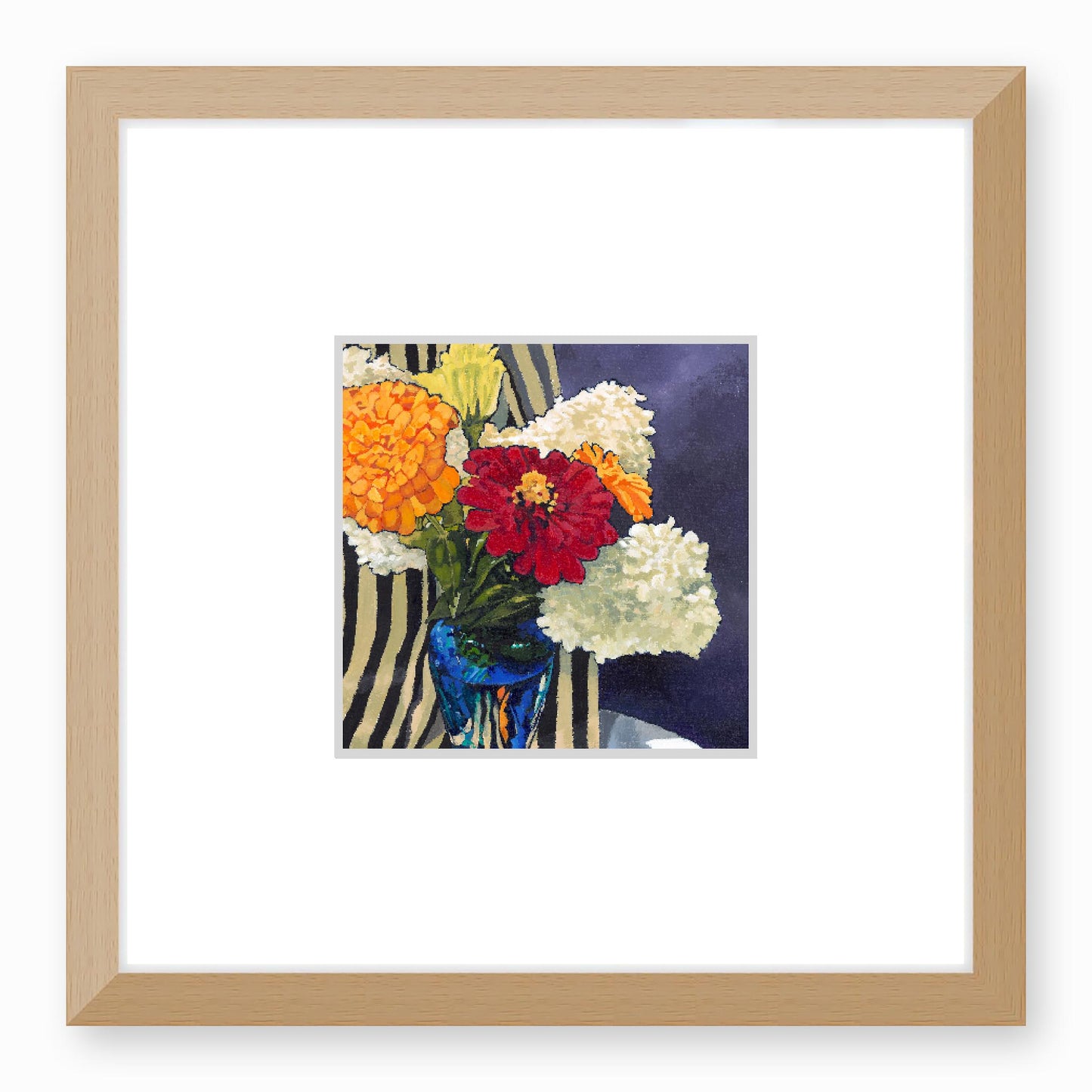 Framed Fine Art Print, Faux Mat - 12x12 inches | Hydrangeas & Zinnias in Acrylic, FMS-1030, Prints, Fine art, Natural Frame, 30 x 30 cm ,12 x 12 inches