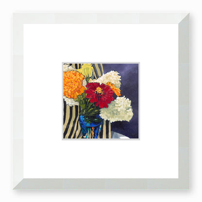 Framed Fine Art Print, Faux Mat - 12x12 inches | Hydrangeas & Zinnias in Acrylic, FMS-1030, Prints, Fine art, White Frame, 30 x 30 cm ,12 x 12 inches