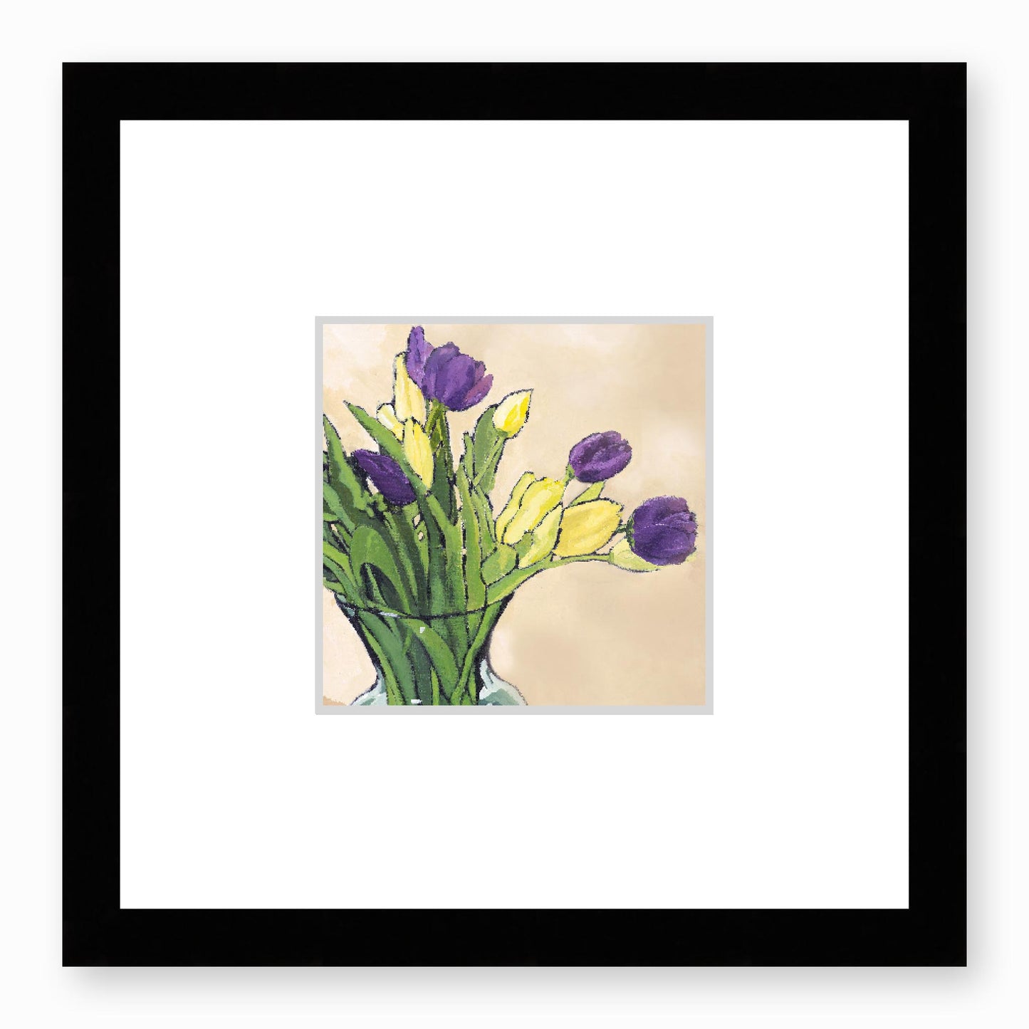 Framed Fine Art Print, Faux Mat - 12x12 inches | Purple & Yellow Tulips in Acrylic, FMS-1060-001, Prints, Fine art, Black Frame, 30 x 30 cm ,12 x 12 inches