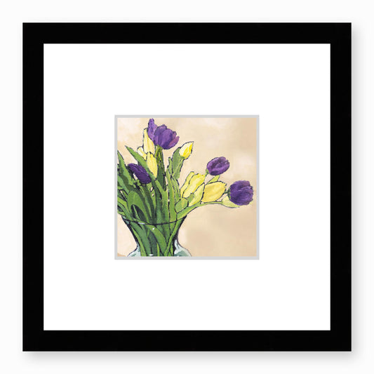 Framed Fine Art Print, Faux Mat - 12x12 inches | Purple & Yellow Tulips in Acrylic, FMS-1060-001, Prints, Fine art, Black Frame, 30 x 30 cm ,12 x 12 inches