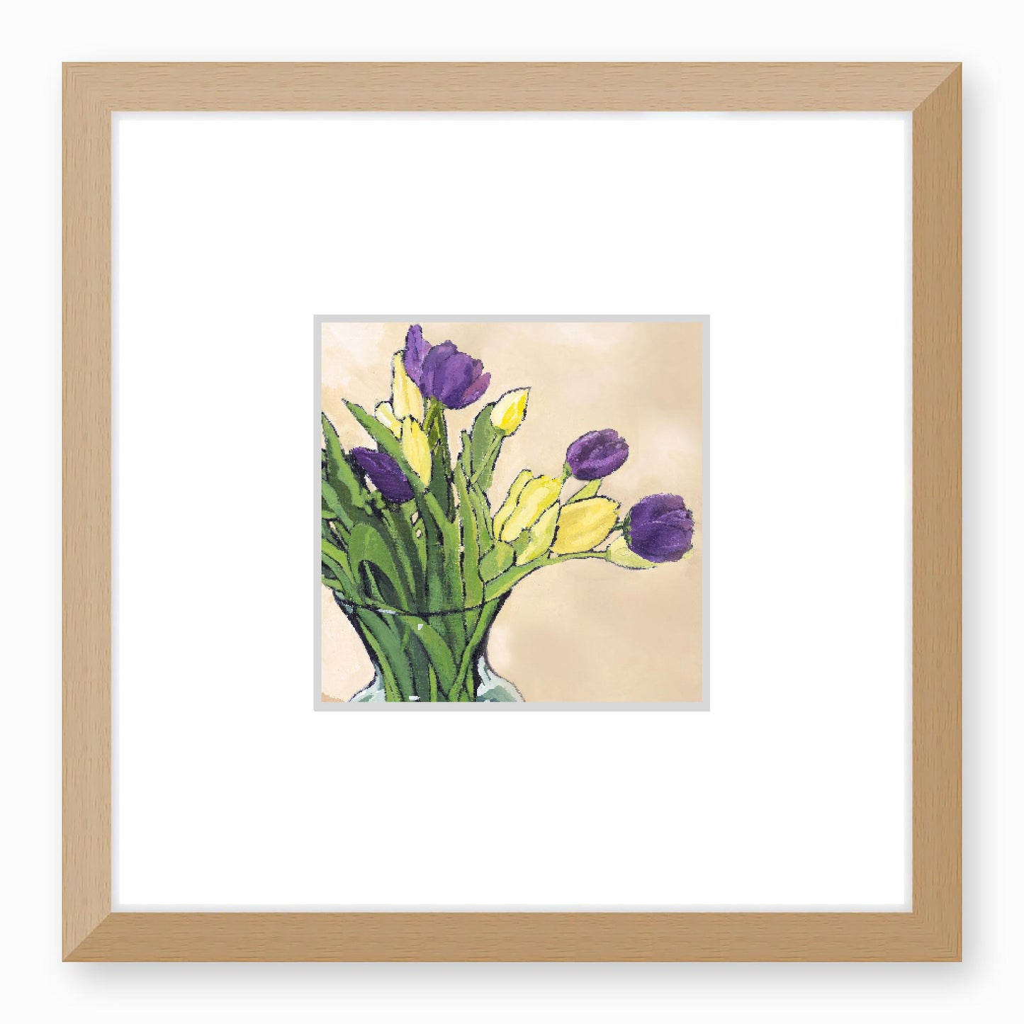 Framed Fine Art Print, Faux Mat - 12x12 inches | Purple & Yellow Tulips in Acrylic, FMS-1060-001, Prints, Fine art, Natural Frame, 30 x 30 cm ,12 x 12 inches