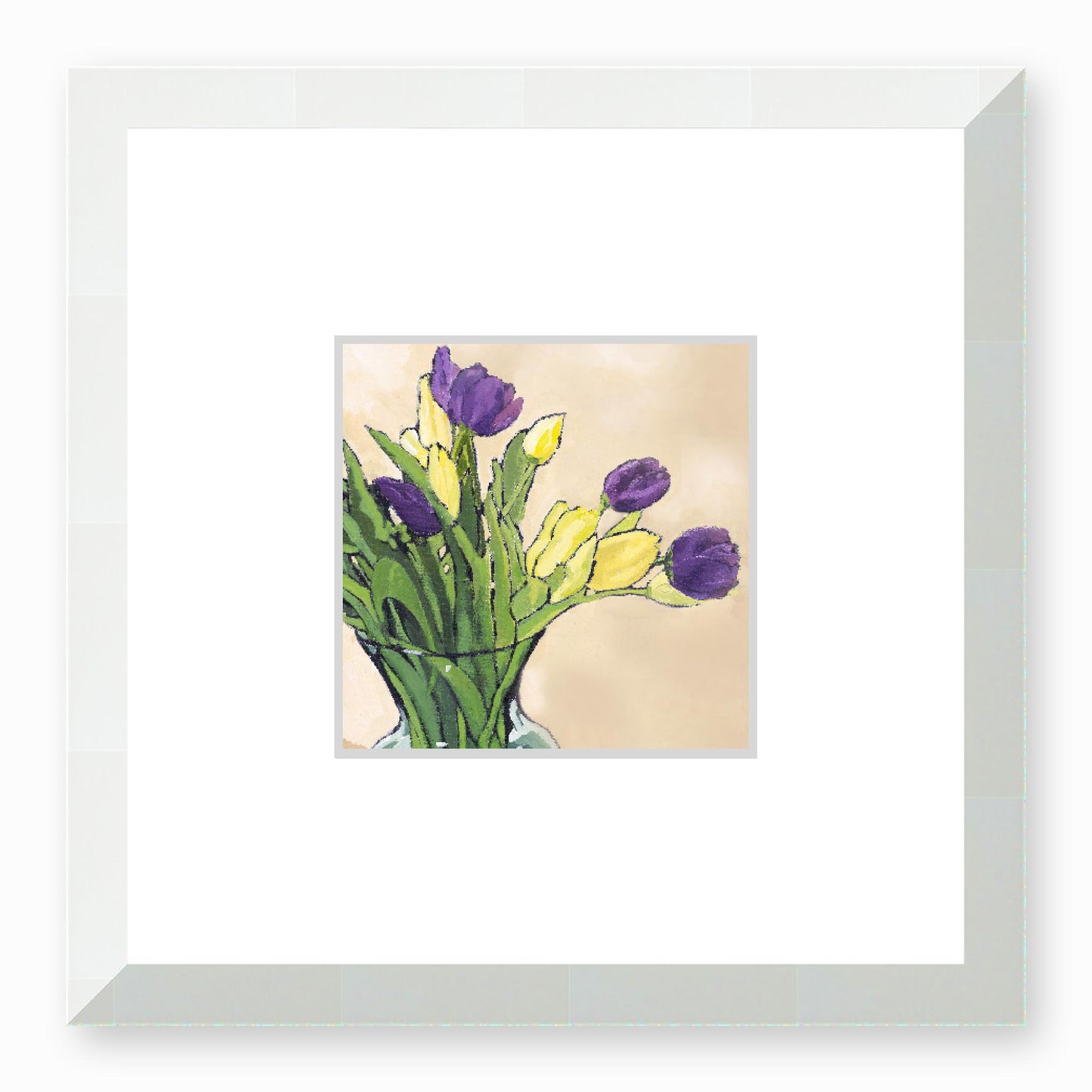 Framed Fine Art Print, Faux Mat - 12x12 inches | Purple & Yellow Tulips in Acrylic, FMS-1060-001, Prints, Fine art, White Frame, 30 x 30 cm ,12 x 12 inches
